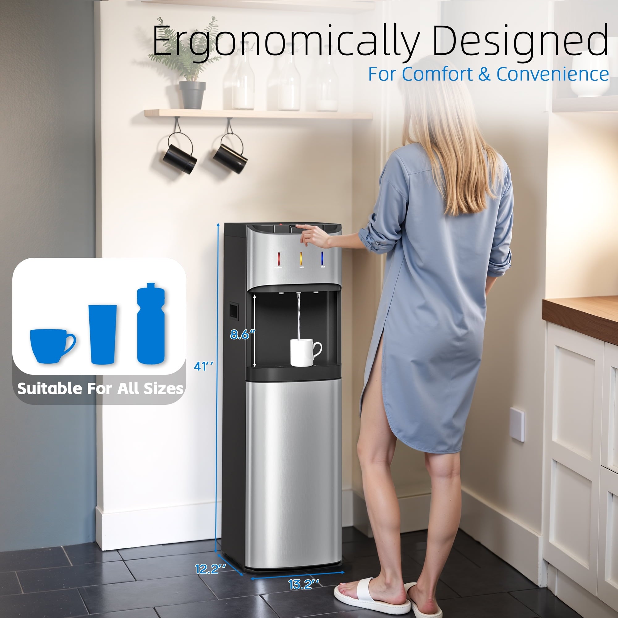 Patiosunny Bottom Load Water Cooler Dispenser for 5 Gallon Bottles, 3 Temperatures (Hot, Cold, and Room), Rapid cooling, LED Lighting, Empty Bottle Alert, Silver