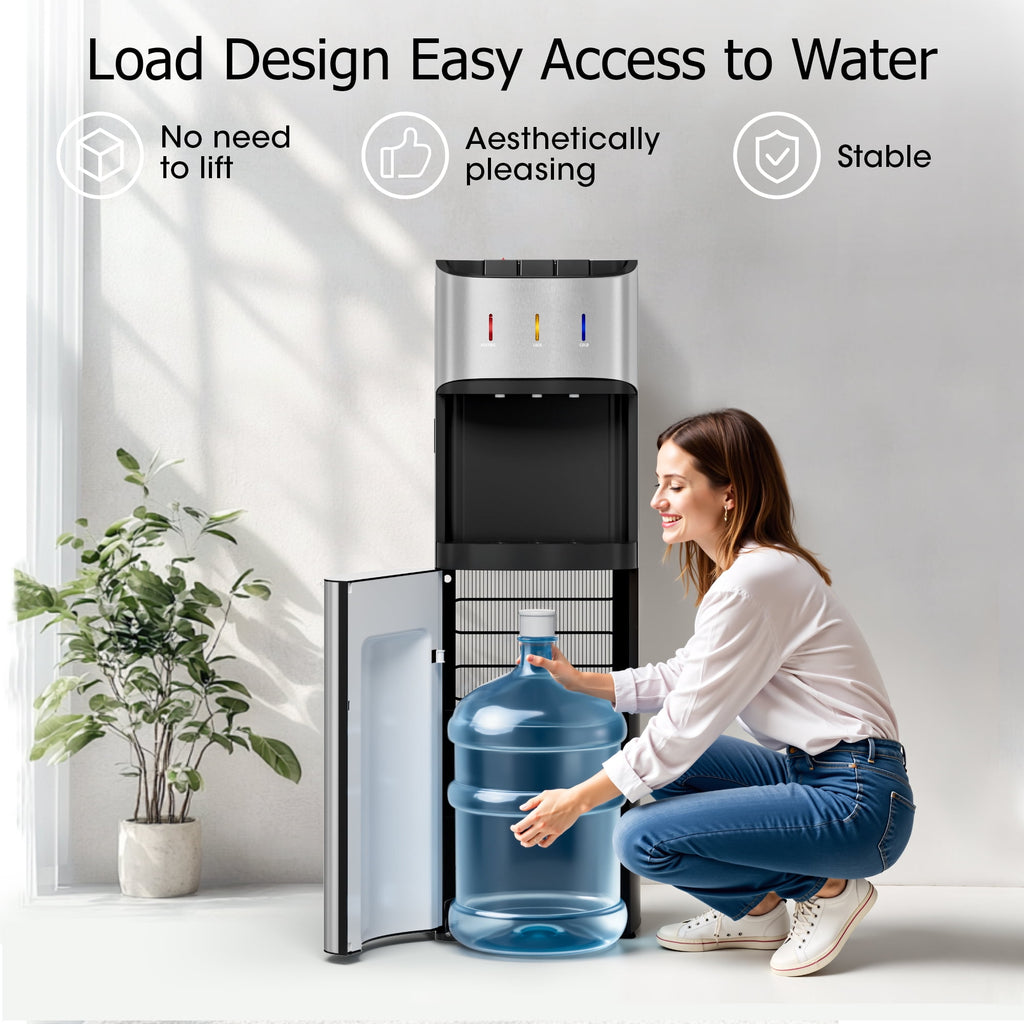 Patiosunny Bottom-Loading Water Dispenser, 3 Temperatures (Hot, Room and Cold), Child Safety Lock, LED Display with Empty Bottle Alert, Silver