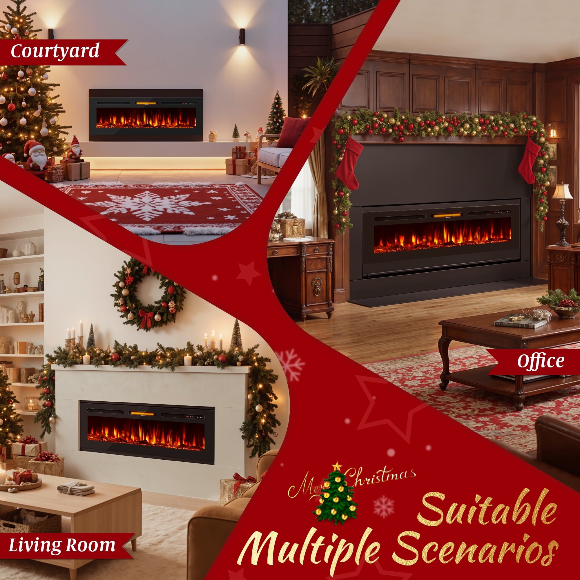 60" Electric Fireplace Recessed and Wall Mounted Ultra-Thin Fireplace Heater,Silence Fireplace with Logs,Crystal,Multicolor Flame,Timer,Touch Screen and Remote Control