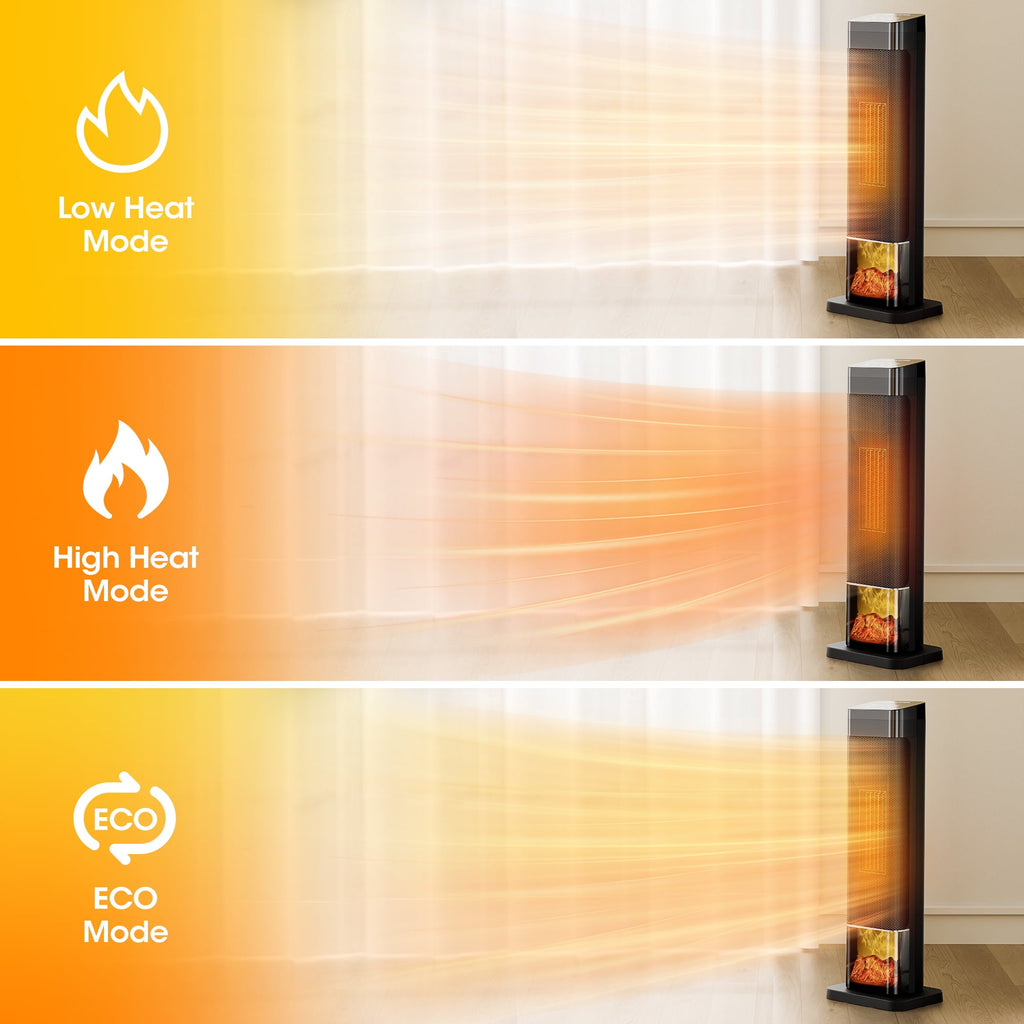 Patiosunny 1500W Ceramic Tower Electric Heater, with 4 Modes, 3D Flame, LED Display, 0-24 Hour Timer , with Child Lock, Suitable for Living Room, Office, Bathroom (Black)