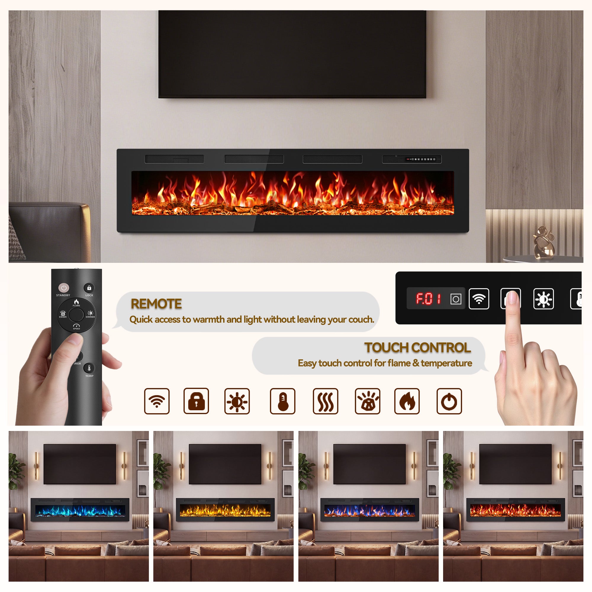 Patiosunny 72" Electric Fireplace, Adjustable Flame Colour and Speed, 8H Timer, Multiple Modes, Child Lock, Suitable for Living Rooms and Bedrooms