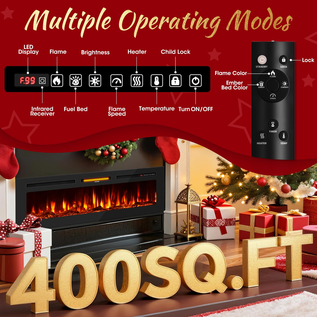 50" Electric Fireplace Recessed and Wall Mounted Ultra-Thin Fireplace Heater,Silence Fireplace with Logs,Crystal,Multicolor Flame,Timer,Touch Screen and Remote Control