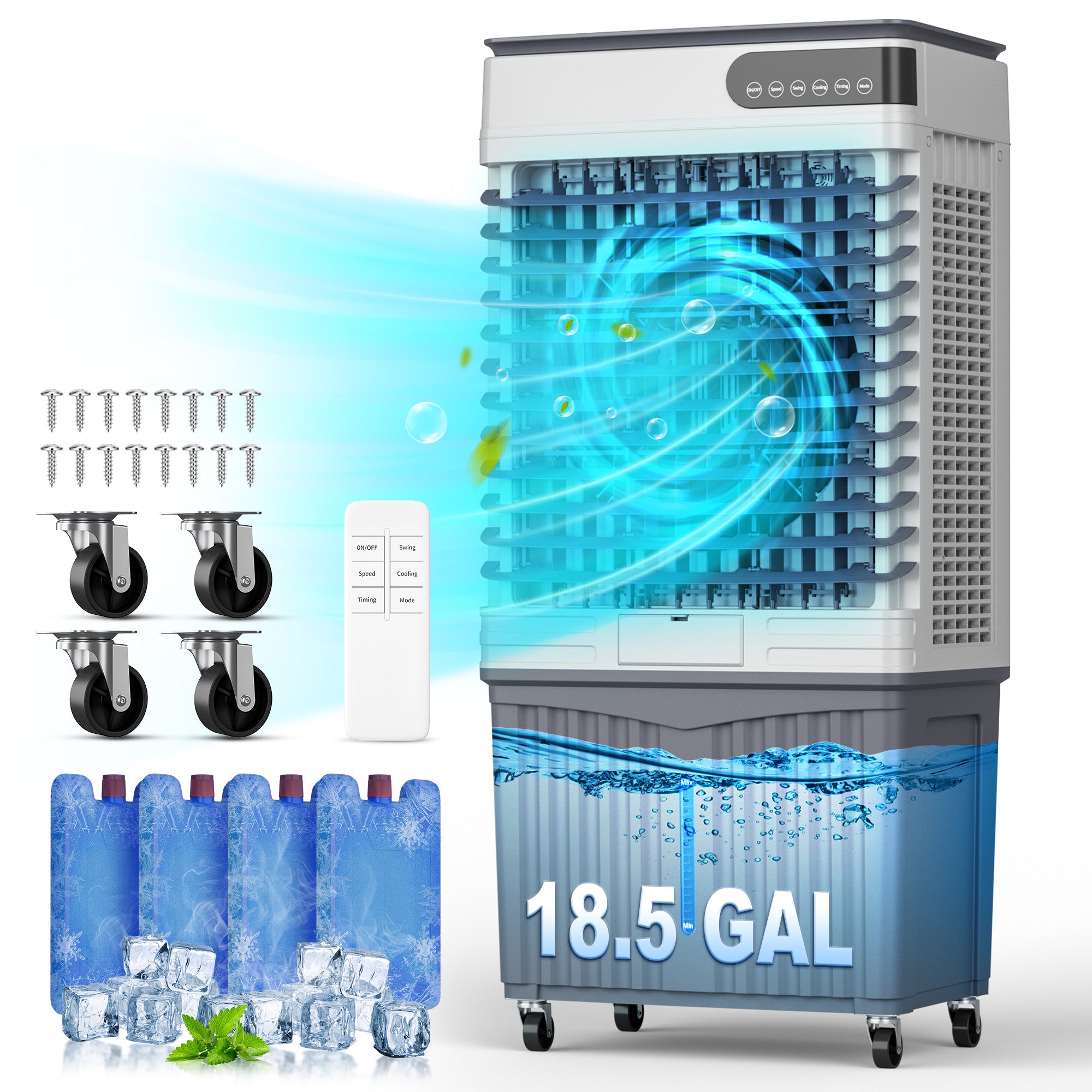 Patiosunny Industrial Evaporative Air Cooler, 18.5Gal Large Water Tank, High Velocity Airflow, Portable Swamp Cooler, 3 Speeds, Wide Angle Swing, for Garage Workshop Warehouse