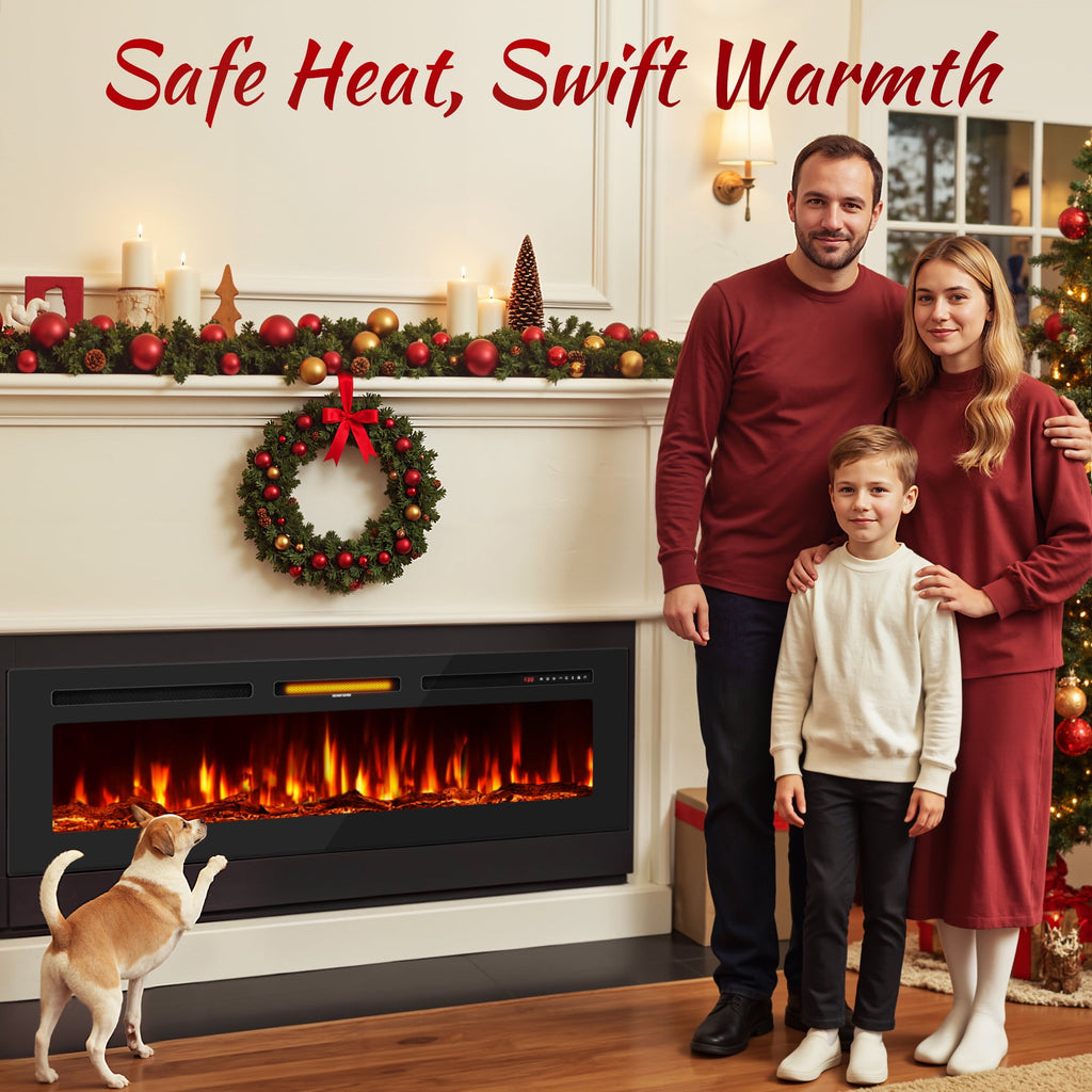 60" Electric Fireplace Recessed and Wall Mounted Ultra-Thin Fireplace Heater,Silence Fireplace with Logs,Crystal,Multicolor Flame,Timer,Touch Screen and Remote Control