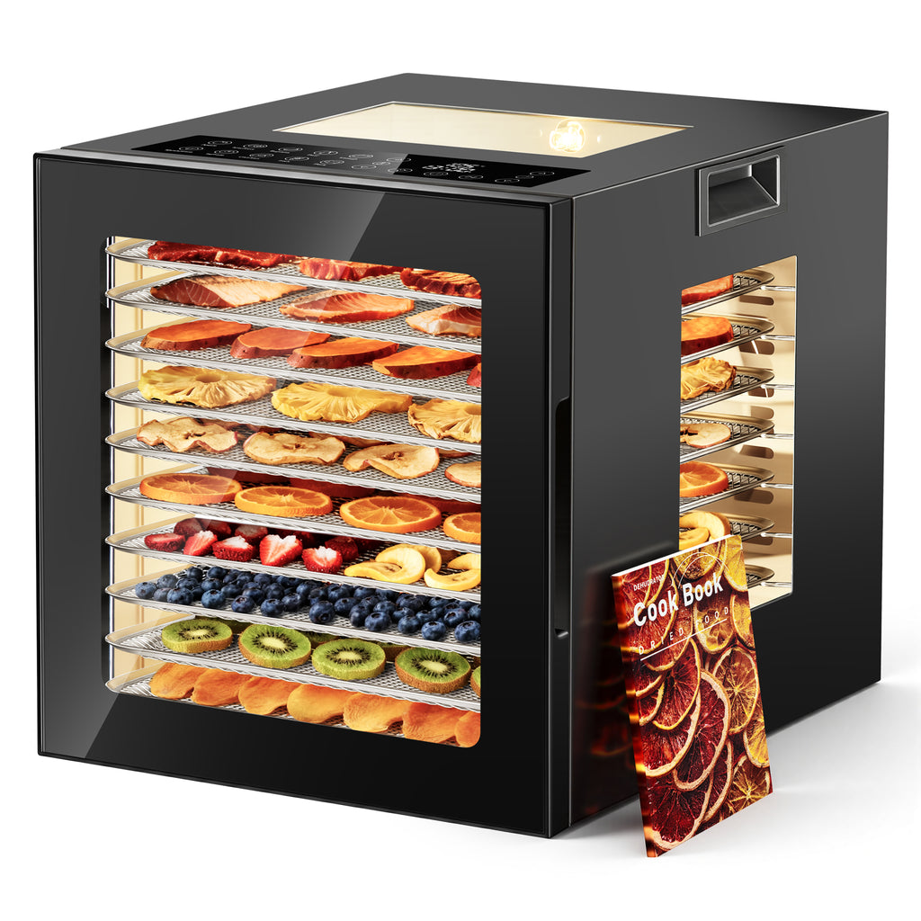 Patiosunny Food Dehydrator Machine, 10 Stainless Steel Trays, 850W Power, 95-167°F Temperature Control, LED Light, Ideal for Jerky, Herbs, Meat, Fruit, Vegetables, Black