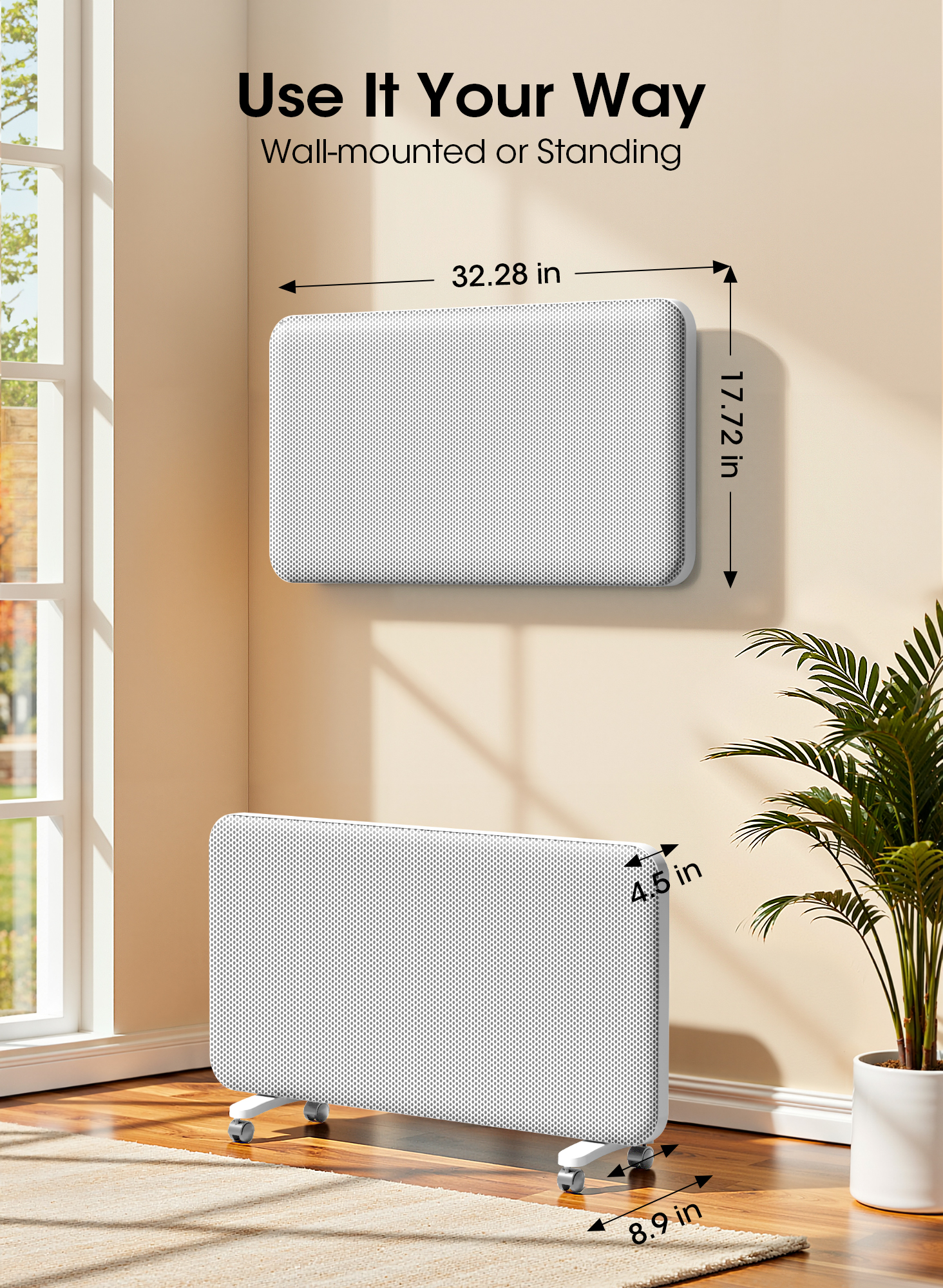 Patiosunny 32-Inch Convection Panel Space Heater Indoor Use Large Room, 1500W Heater with Thermostat, Wall Mount or Standing, Smart WiFi App Control & Energy Saving & Quiet