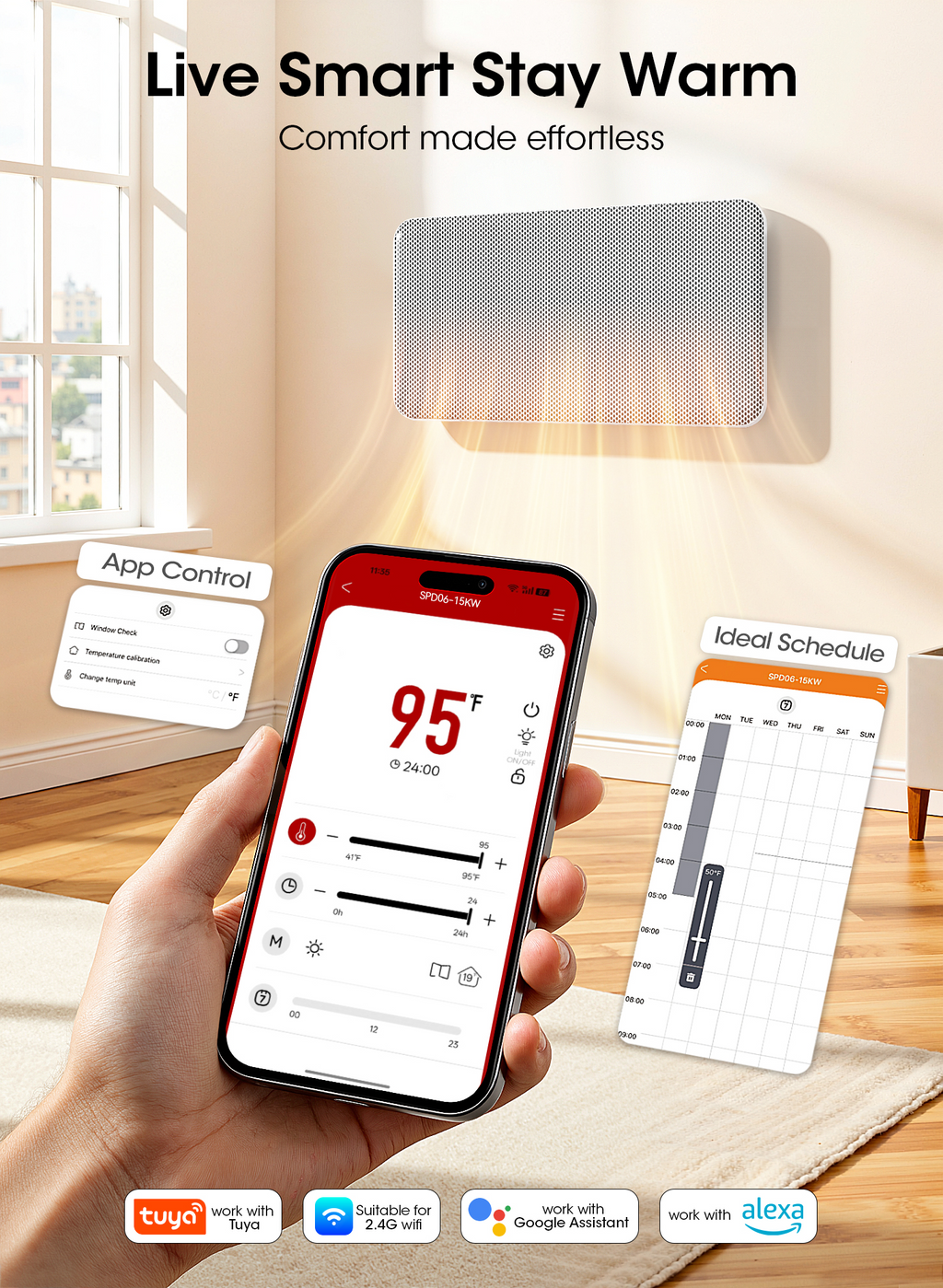 Patiosunny 32-Inch Convection Panel Space Heater Indoor Use Large Room, 1500W Heater with Thermostat, Wall Mount or Standing, Smart WiFi App Control & Energy Saving & Quiet