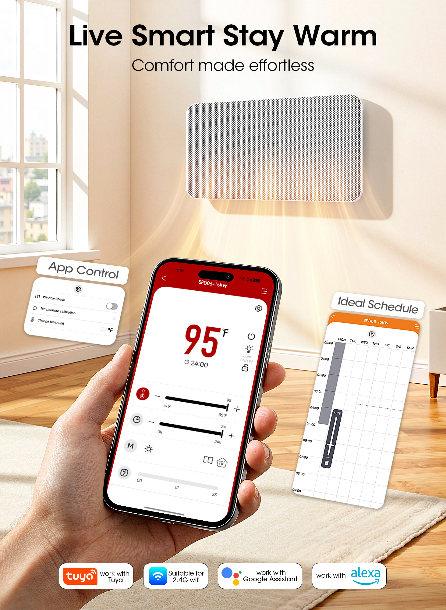 Patiosunny 32-Inch Convection Panel Space Heater Indoor Use Large Room, 1500W Heater with Thermostat, Wall Mount or Standing, Smart WiFi App Control & Energy Saving & Quiet