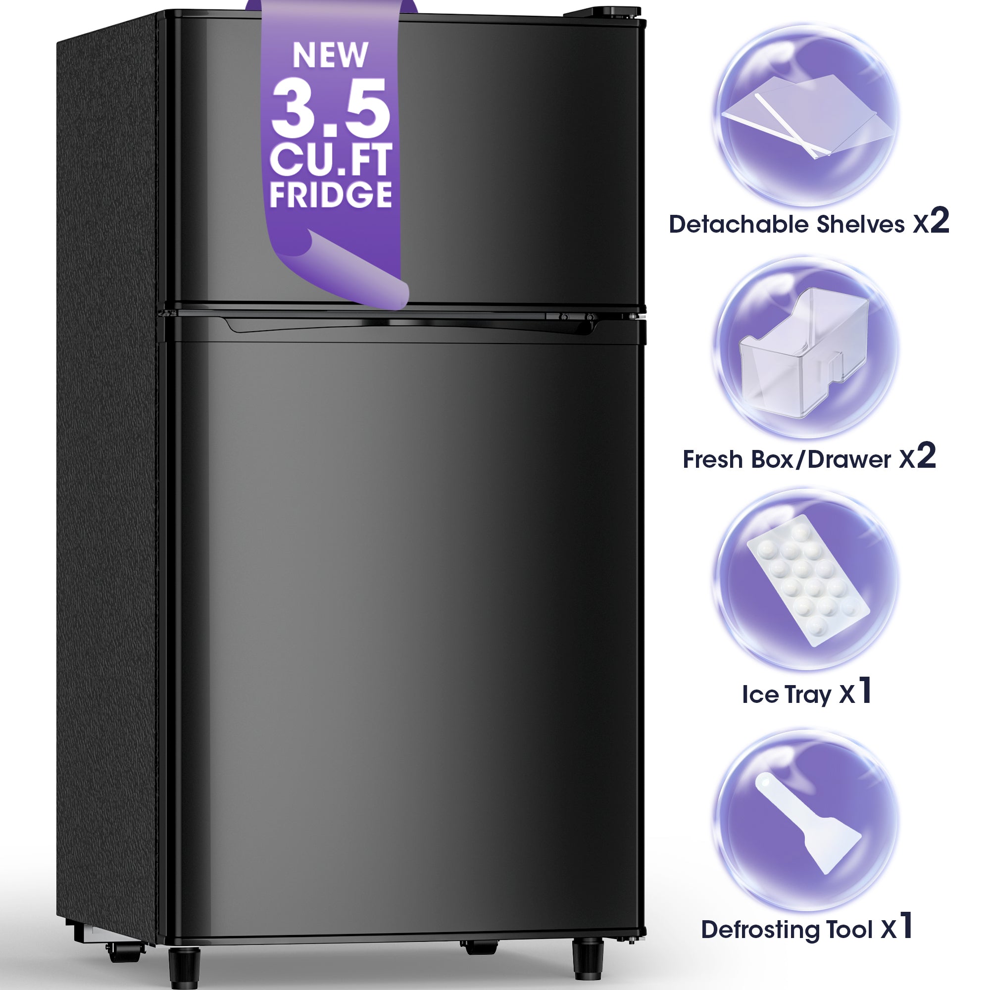 Patiosunny 3.5 Cu.ft Mini Fridge with Freezer, Adjustable Thermostat, Low Noise, Removable Glass Shelves, 2 Door Small Refrigerator for Kitchen, Office, Bedroom,Black