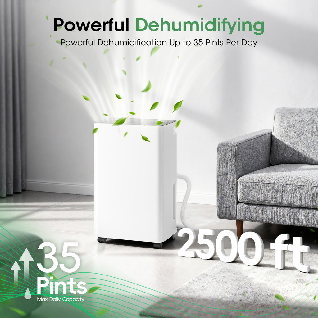 Patiosunny 10-Pint (DOE), Max 35 Pints/D Multi-Function Dehumidifier, 3600 Sq. Ft Coverage Area with App Remote Control, 24H-Timer/Drain Hose/Child lock, for Bedroom/Office/Laundry Room