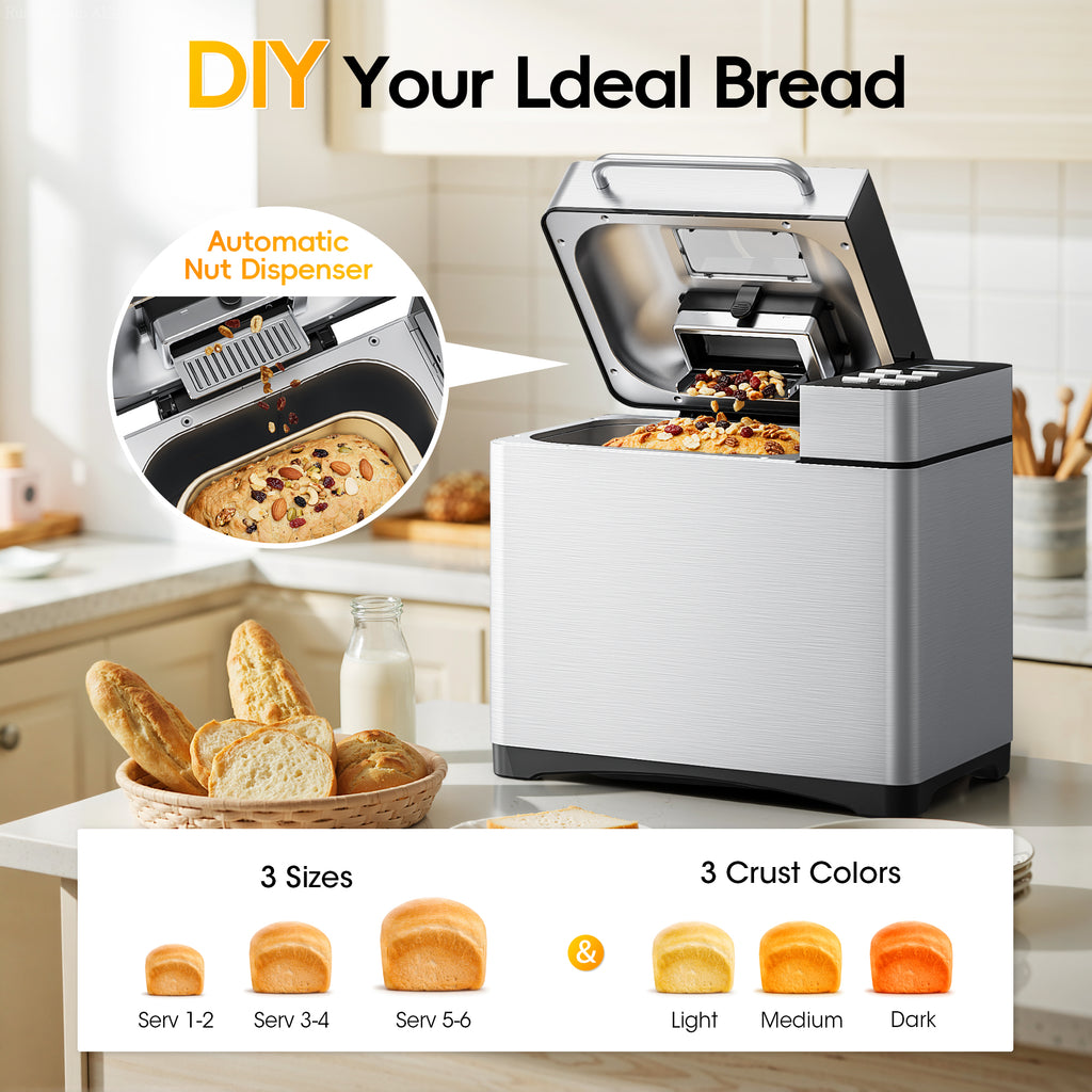 Patiosunny 19-in-1 Bread Maker Machine with Reservation Function, 2LB Stainless Steel Automatic Bread Maker with Recipes & 1 H Keep Warm-Silver