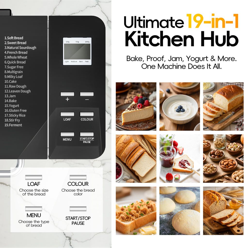 Patiosunny 19-in-1 Bread Maker Machine with Reservation Function, 2LB Stainless Steel Automatic Bread Maker with Recipes & 1 H Keep Warm-Silver