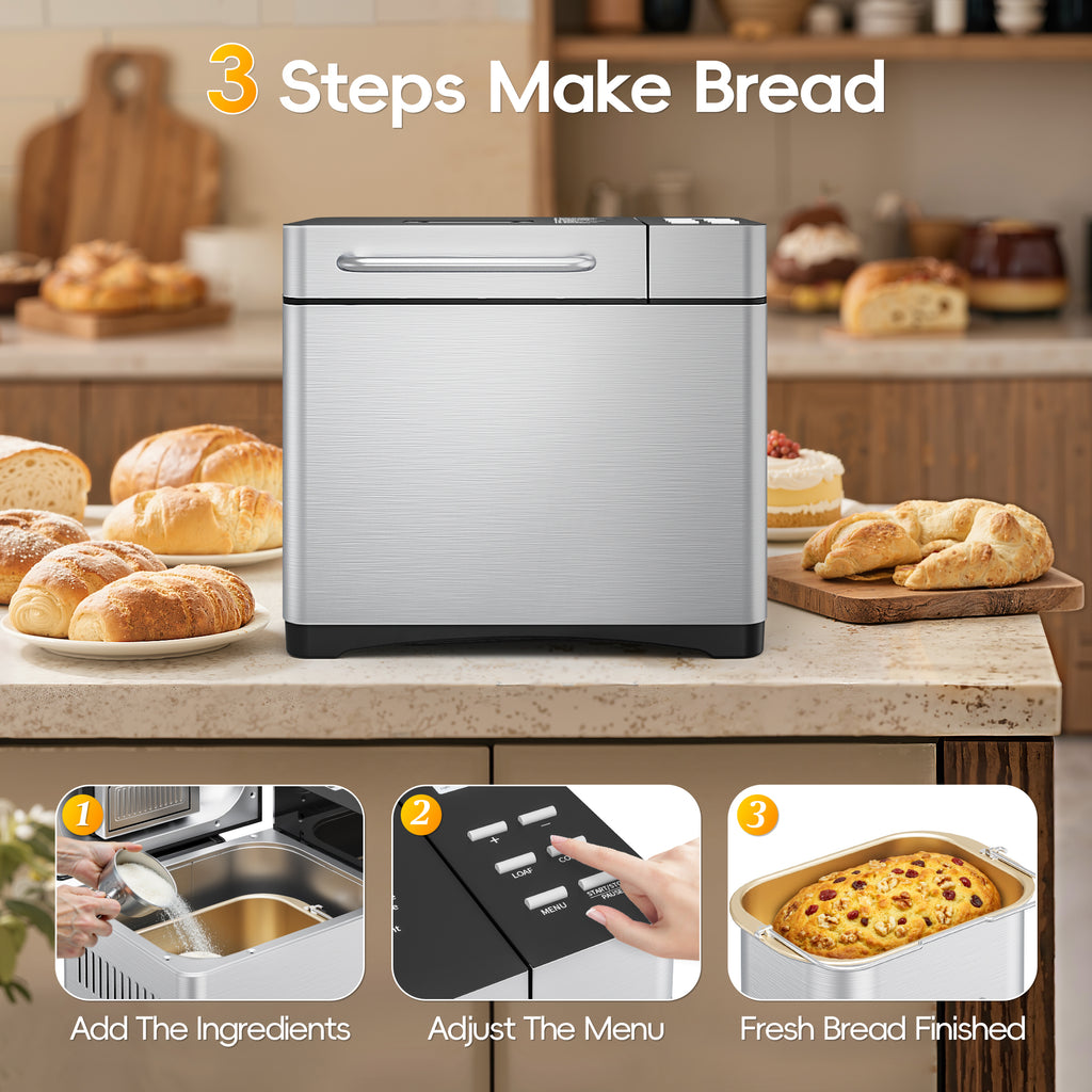 Patiosunny 19-in-1 Bread Maker Machine with Reservation Function, 2LB Stainless Steel Automatic Bread Maker with Recipes & 1 H Keep Warm-Silver