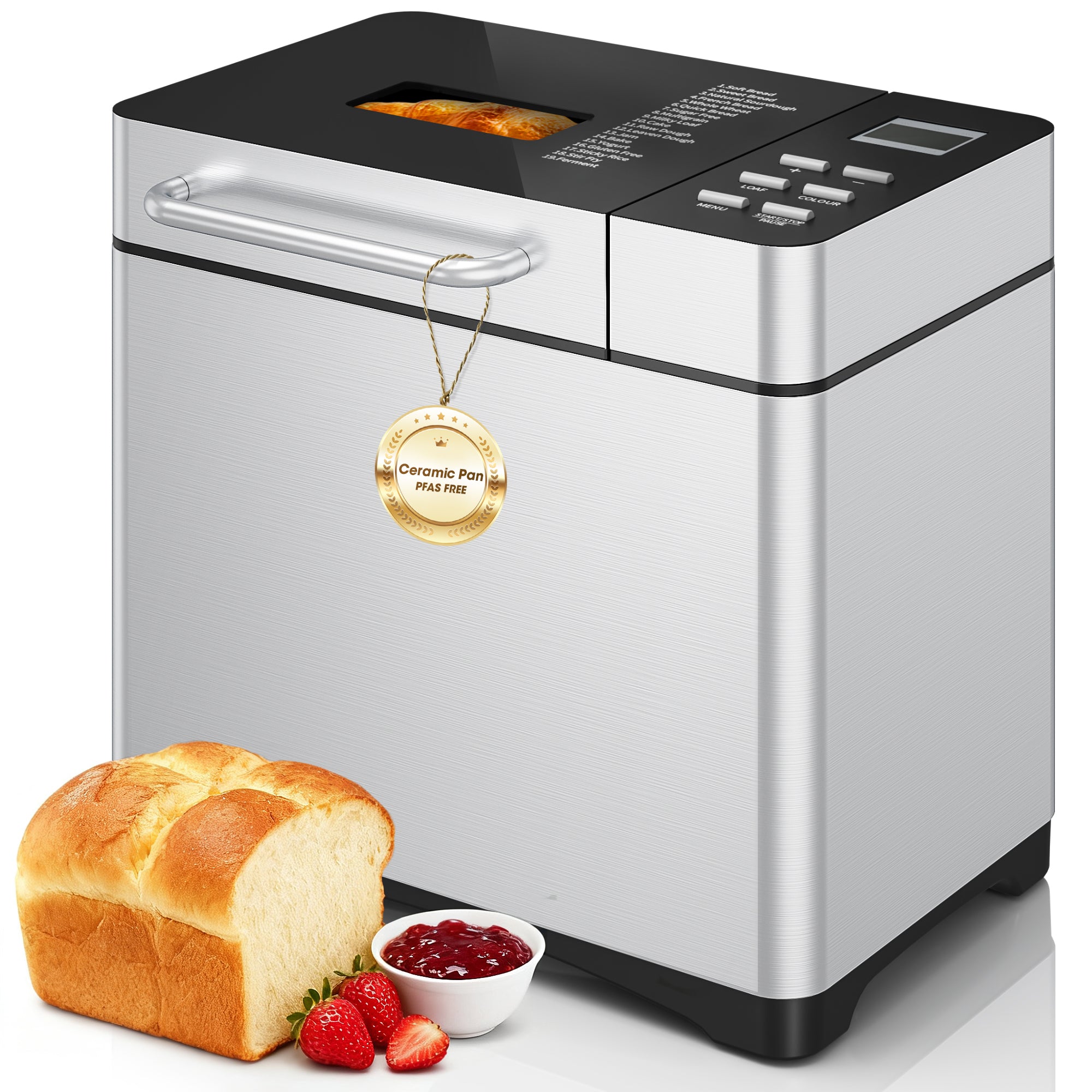 Patiosunny 19-in-1 Bread Maker Machine with Reservation Function, 2LB Stainless Steel Automatic Bread Maker with Recipes & 1 H Keep Warm-Silver