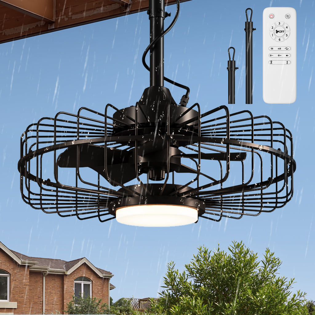 Patiosunny 20" Outdoor Ceiling Fan with Lights,IP65 Waterproof Gazebo Hanging Fan with Remote Control, Plug in Caged Ceiling Fan with 3CCT 6-Speeds for Patio Porch Pergola, Black