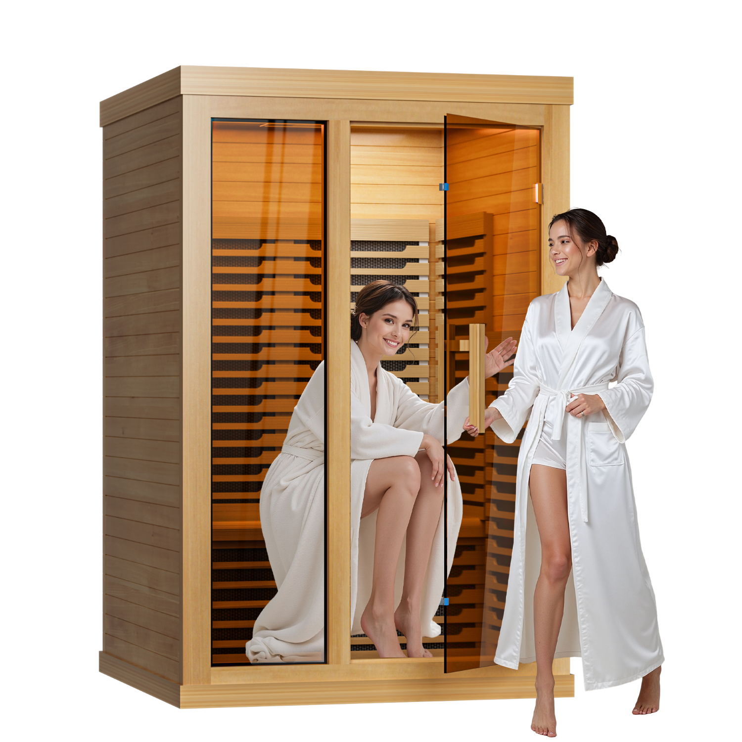 Patiosunny 2 Person Personal Sauna for Home Use, Full Spectrum Infrared Sauna, Low EMF, Dual Tempered Glass & Bluetooth Speakers - Indoor Sauna 2000W (Wood Tone)