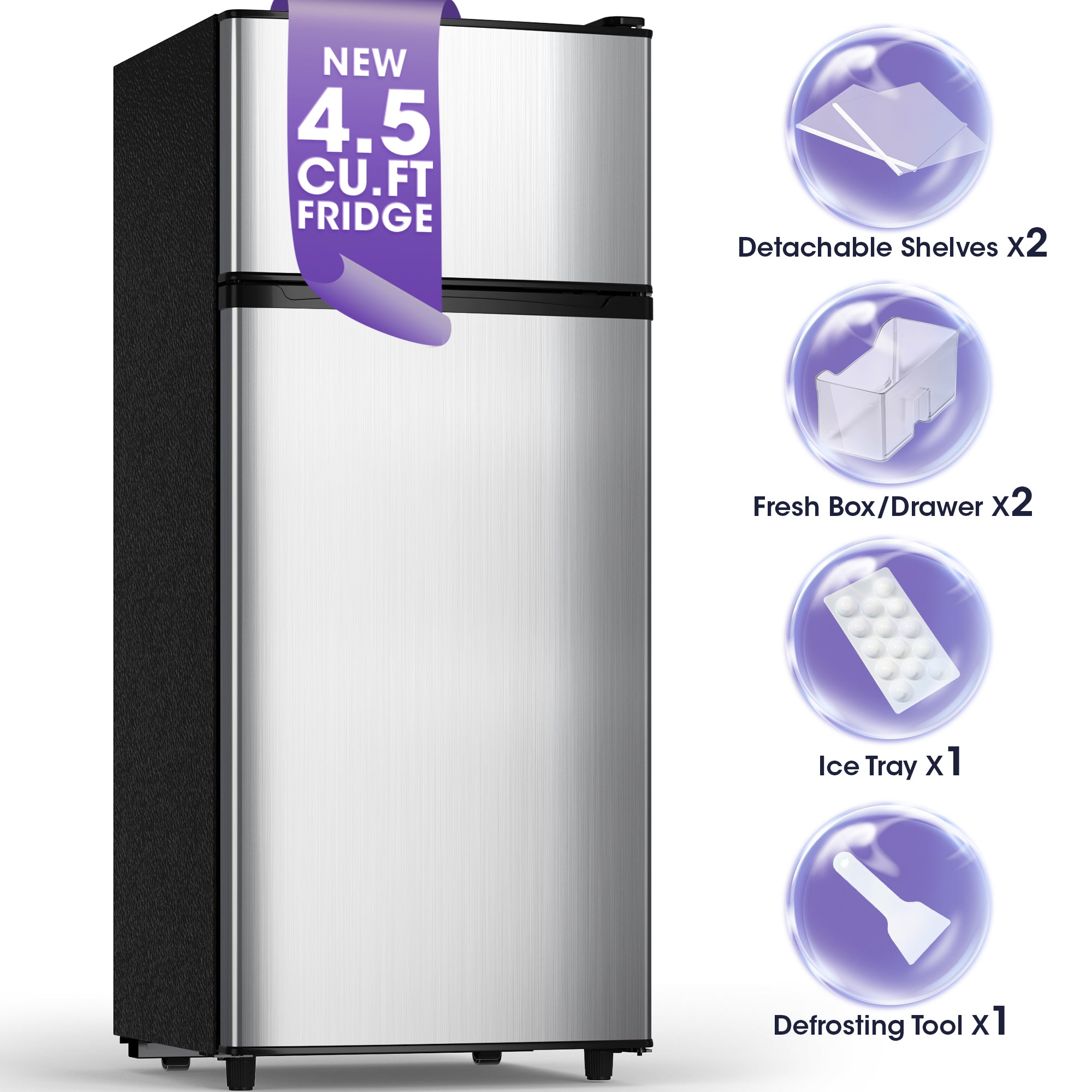 Patiosunny 4.5 Cu.ft Mini Refrigerator with Freezer,Small Refrigerator for Office,Kitchen,Dorm and Bedroom ,2 Doors Mini Fridge with Adjustable Shelves(Sliver)