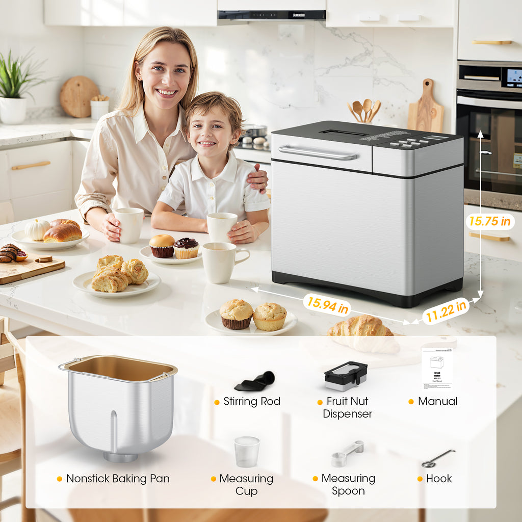 Patiosunny 19-in-1 Bread Maker Machine with Reservation Function, 2LB Stainless Steel Automatic Bread Maker with Recipes & 1 H Keep Warm-Silver