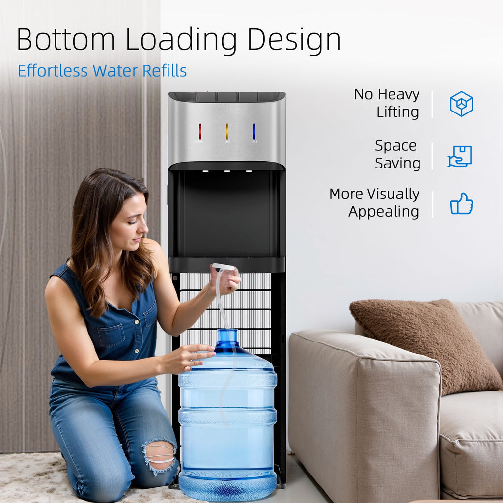 Patiosunny Bottom Load Water Cooler Dispenser for 5 Gallon Bottles, 3 Temperatures (Hot, Cold, and Room), Rapid cooling, LED Lighting, Empty Bottle Alert, Silver