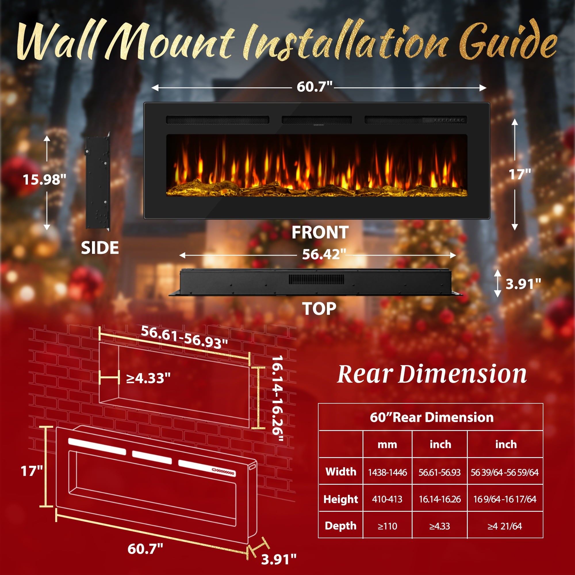 60" Electric Fireplace Recessed and Wall Mounted Ultra-Thin Fireplace Heater,Silence Fireplace with Logs,Crystal,Multicolor Flame,Timer,Touch Screen and Remote Control