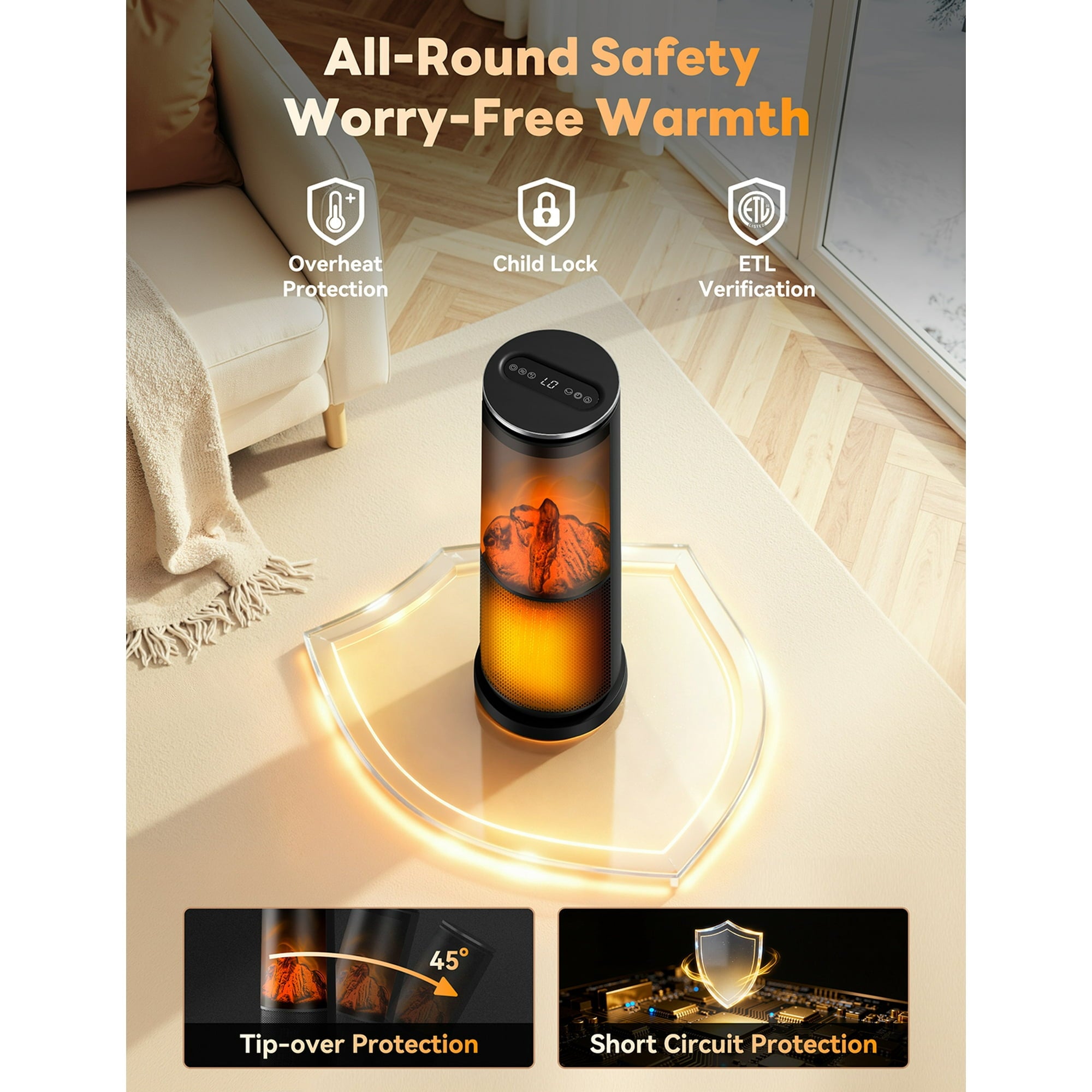 Patiosunny Electric Space Heaters with 3D Flame Effect, 41-95 ℉ Tower Electric Heater with Remote, Energy Saving and Mute, Child Lock & Safety Protection