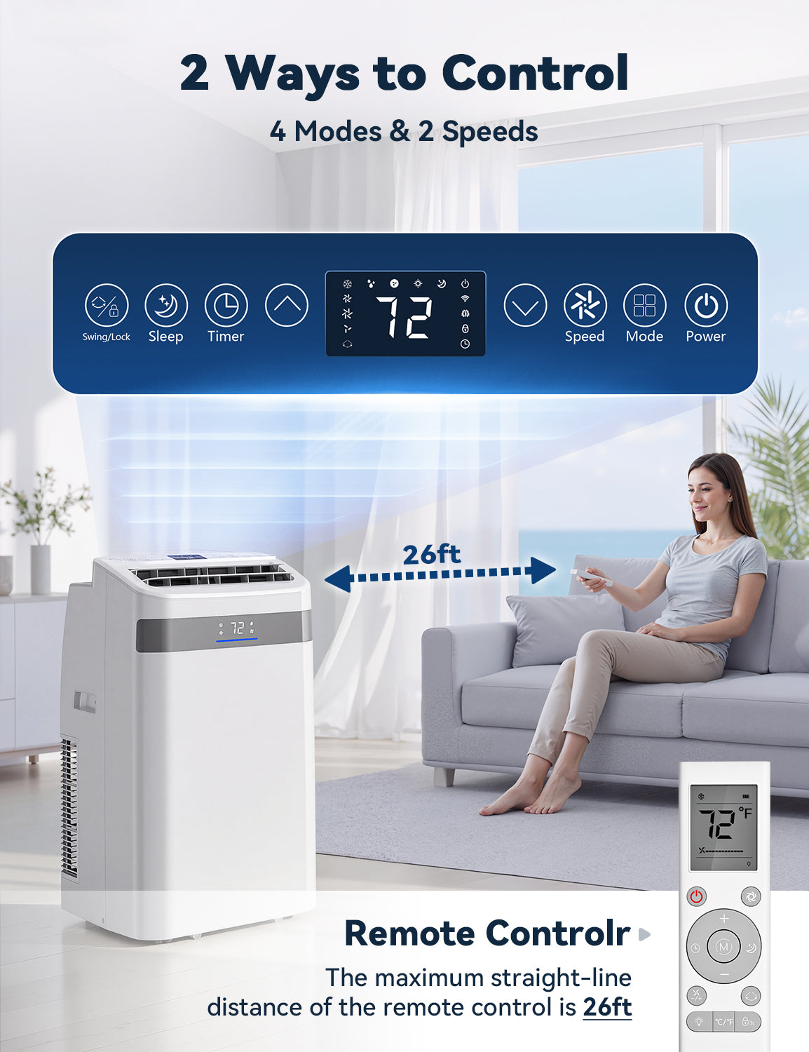 Patiosunny Portable Air Conditioners 14,000 BTU Ashrae, 4-in-1 AC Unit, Dehumidifier, Fan & Sleep, with 24-Hour Timer, Remote Control, for Home/Office/Apartments/Dorm