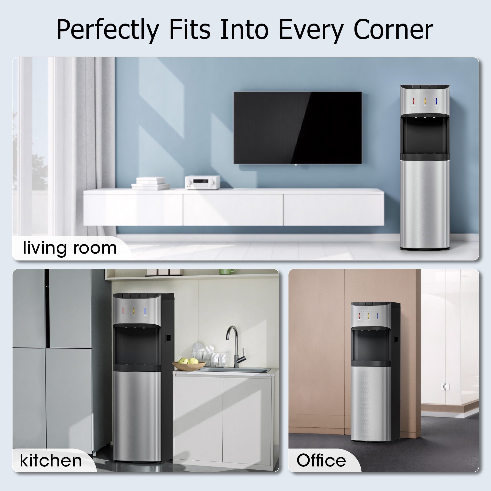 Patiosunny Bottom-Loading Water Dispenser, 3 Temperatures (Hot, Room and Cold), Child Safety Lock, LED Display with Empty Bottle Alert, Silver