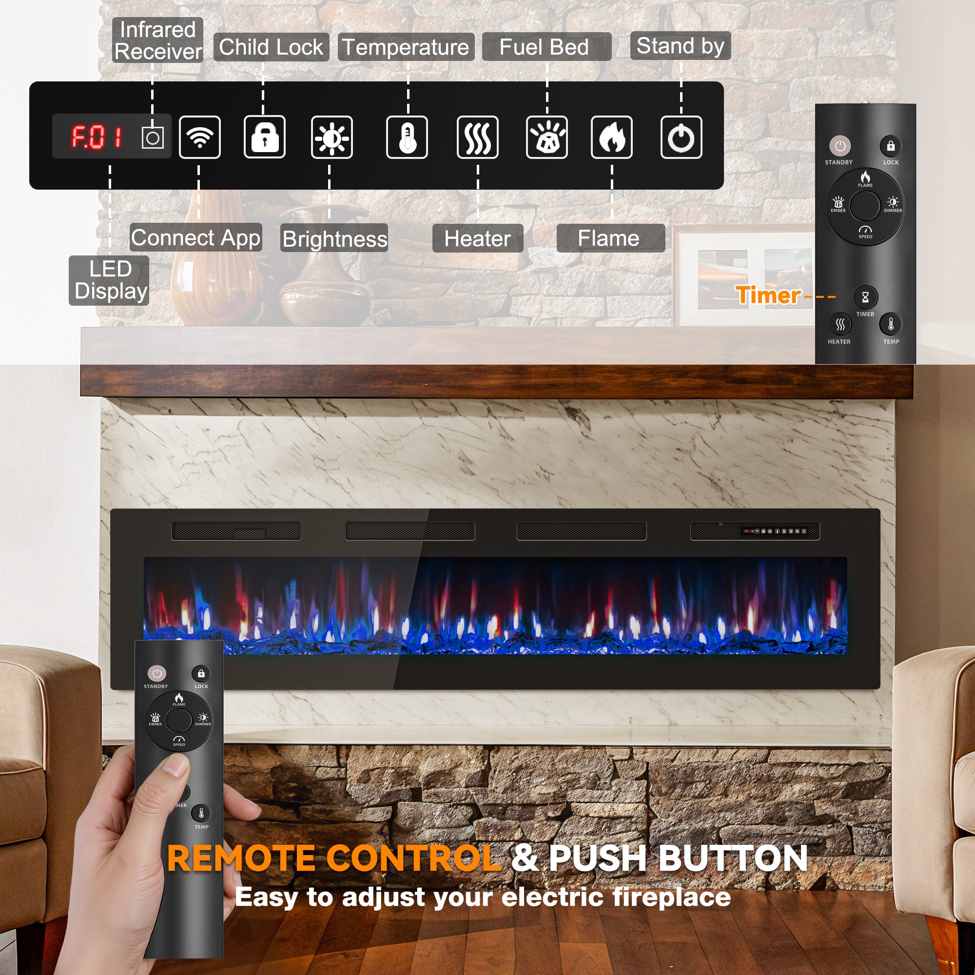 Patiosunny 72" Electric Fireplace, Adjustable Flame Colour and Speed, 8H Timer, Multiple Modes, Child Lock, Suitable for Living Rooms and Bedrooms