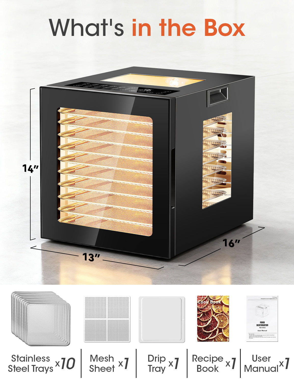 Patiosunny Food Dehydrator Machine, 10 Stainless Steel Trays, 850W Power, 95-167°F Temperature Control, LED Light, Ideal for Jerky, Herbs, Meat, Fruit, Vegetables, Black