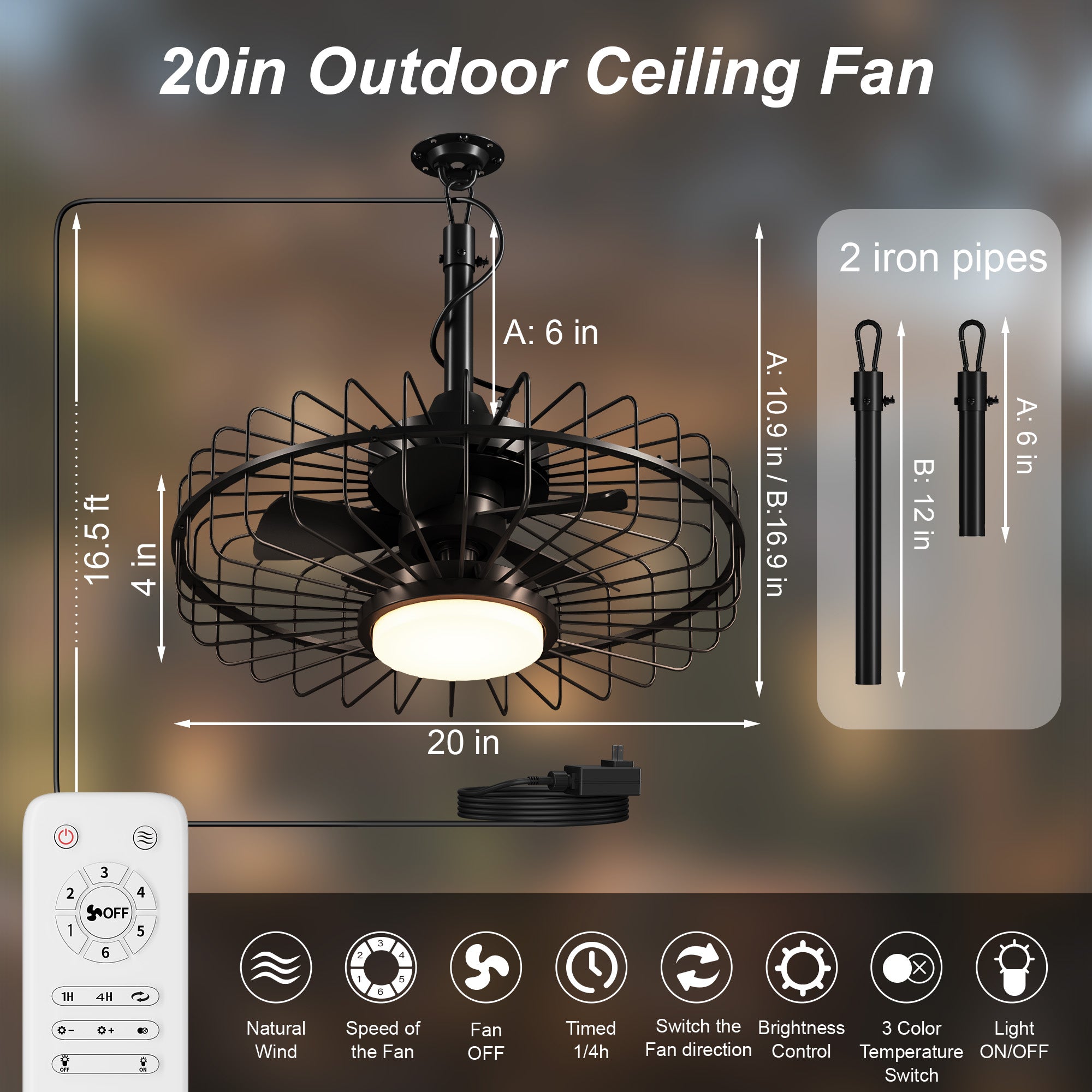Patiosunny 20" Outdoor Ceiling Fan with Lights,IP65 Waterproof Gazebo Hanging Fan with Remote Control, Plug in Caged Ceiling Fan with 3CCT 6-Speeds for Patio Porch Pergola, Black