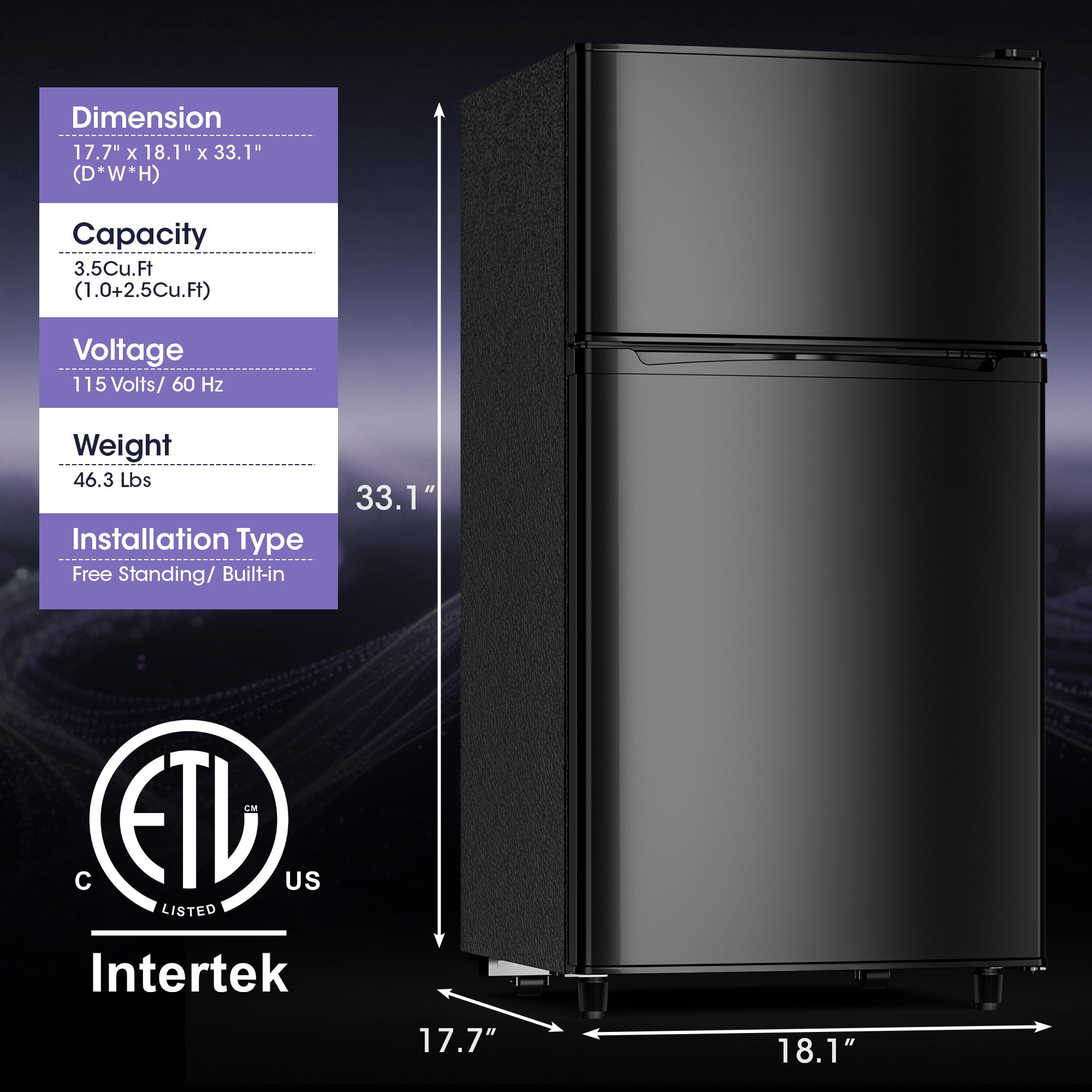 Patiosunny 3.5 Cu.ft Mini Fridge with Freezer, Adjustable Thermostat, Low Noise, Removable Glass Shelves, 2 Door Small Refrigerator for Kitchen, Office, Bedroom,Black