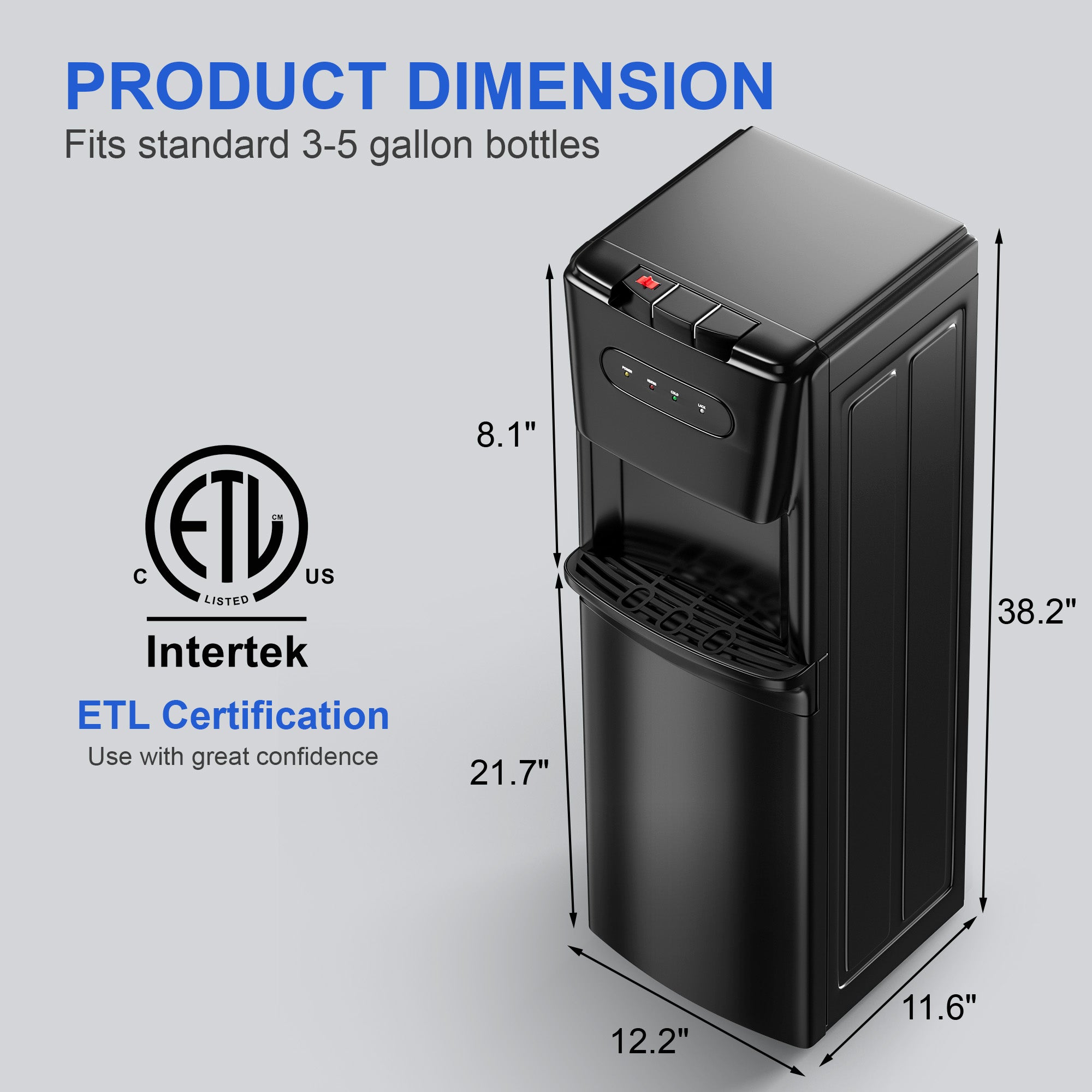 Patiosunny Bottom-Loading Water Dispenser w/ Hot, Room & Cold Water | Child Safety Lock, LED Display, Black