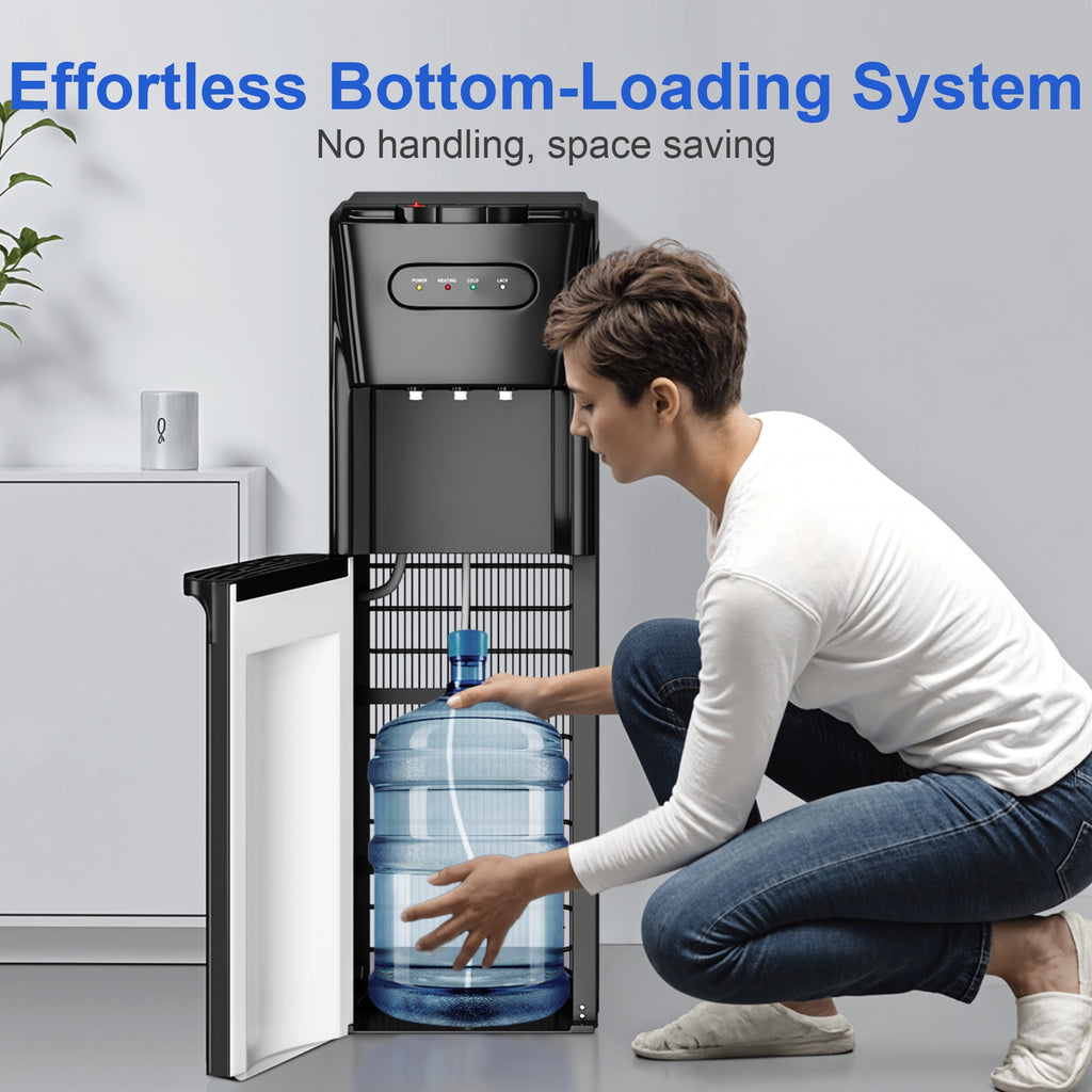 Patiosunny Bottom-Loading Water Dispenser, 3 Temperatures (Hot, Room and Cold), Child Safety Lock, LED Display with Empty Bottle Alert, Black