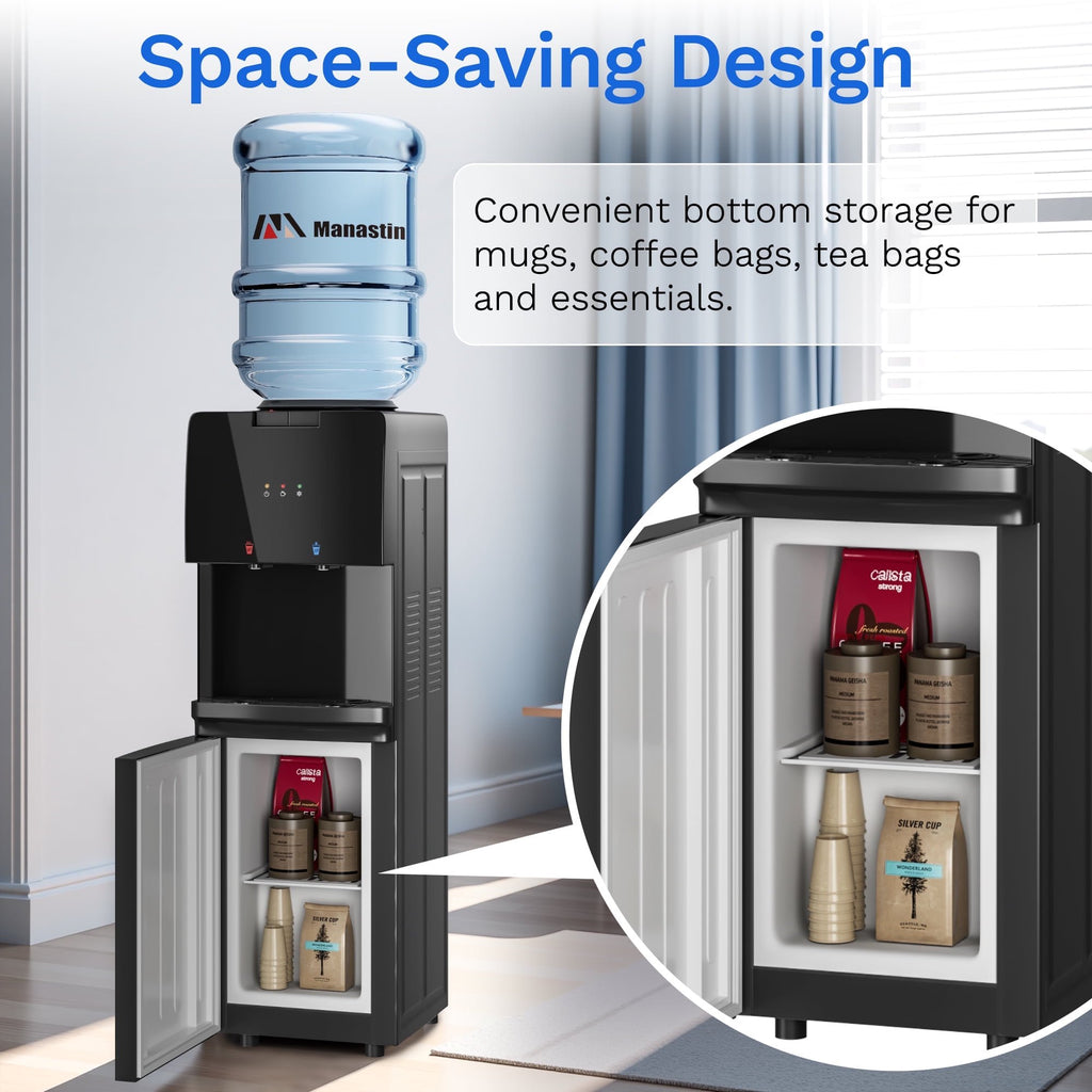 Patiosunny Fashion Black Top Loading Water Dispenser, Child Lock and Detachable Water Tray, Cold & Hot Water at any time, for Kitchen/Living Room/Gym/Basement