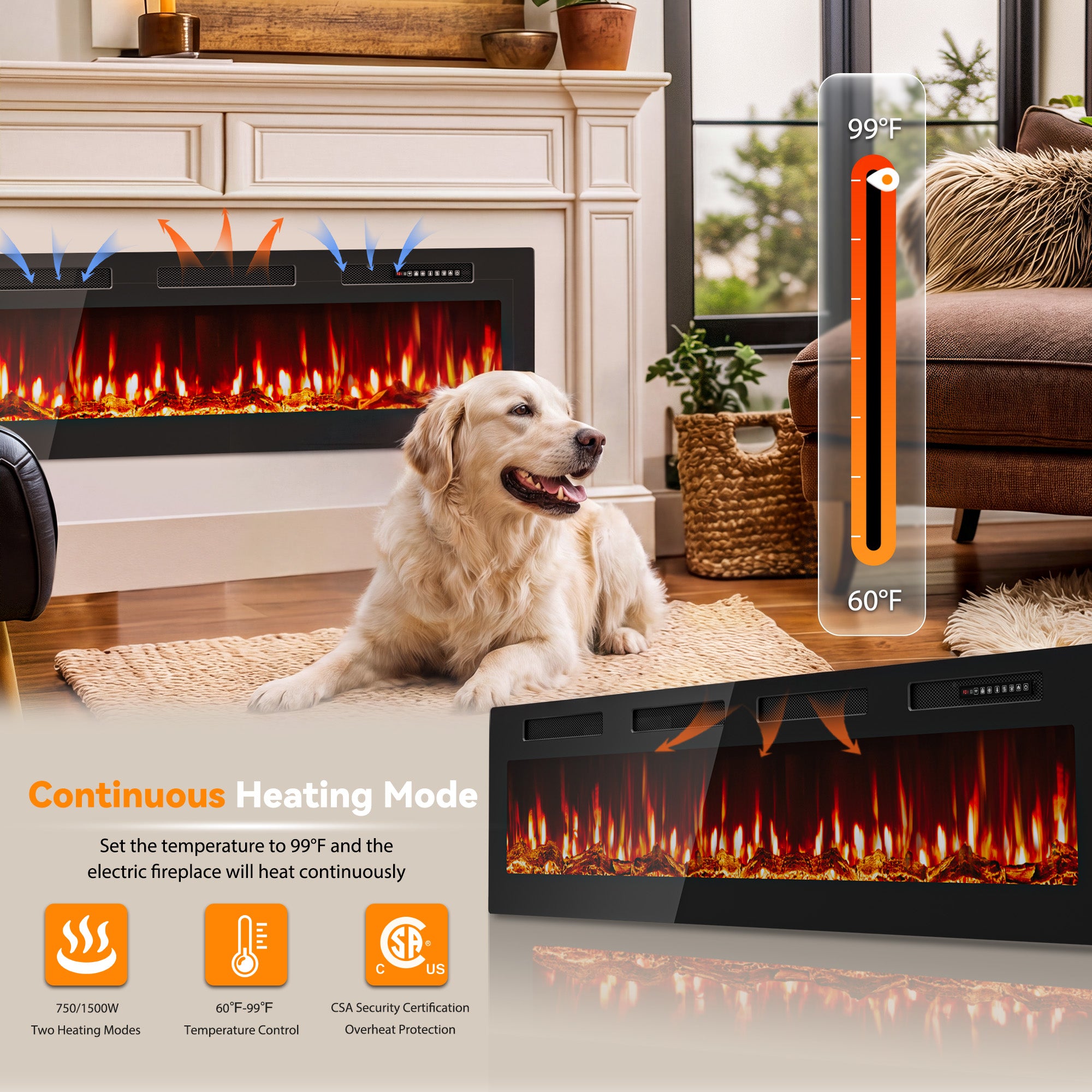 Patiosunny 72" Electric Fireplace, Adjustable Flame Colour and Speed, 8H Timer, Multiple Modes, Child Lock, Suitable for Living Rooms and Bedrooms