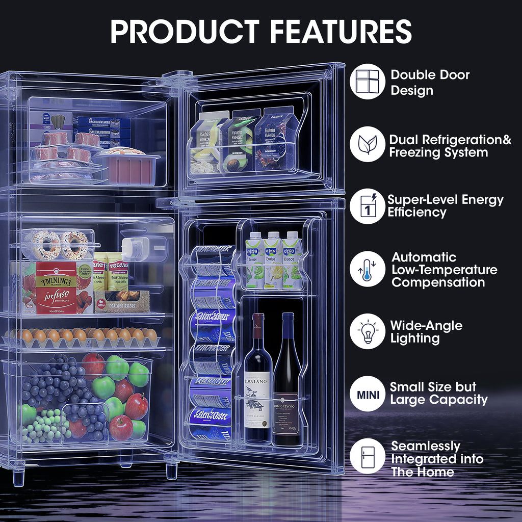 Patiosunny 3.5 Cu.ft Mini Fridge with Freezer, Adjustable Thermostat, Low Noise, Removable Glass Shelves, 2 Door Small Refrigerator for Kitchen, Office, Bedroom,Black