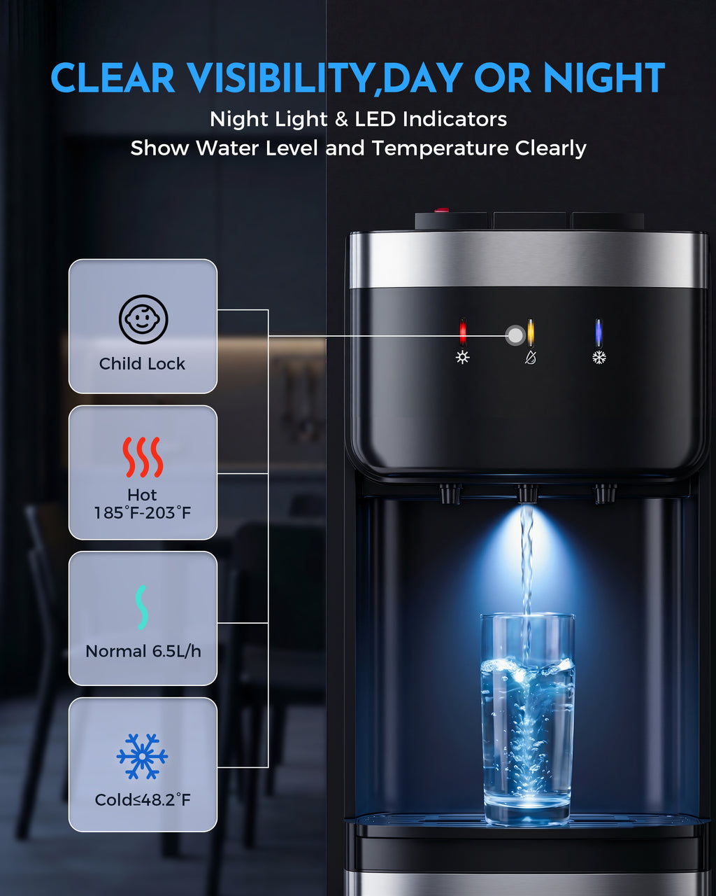 Patiosunny Bottom Loading Water Cooler - No Heavy Lifting, Fits 3-5 Gallon Bottles – Hot, Cold & Room Temperature Water Dispenser with Child Lock, for Home & Office, Black