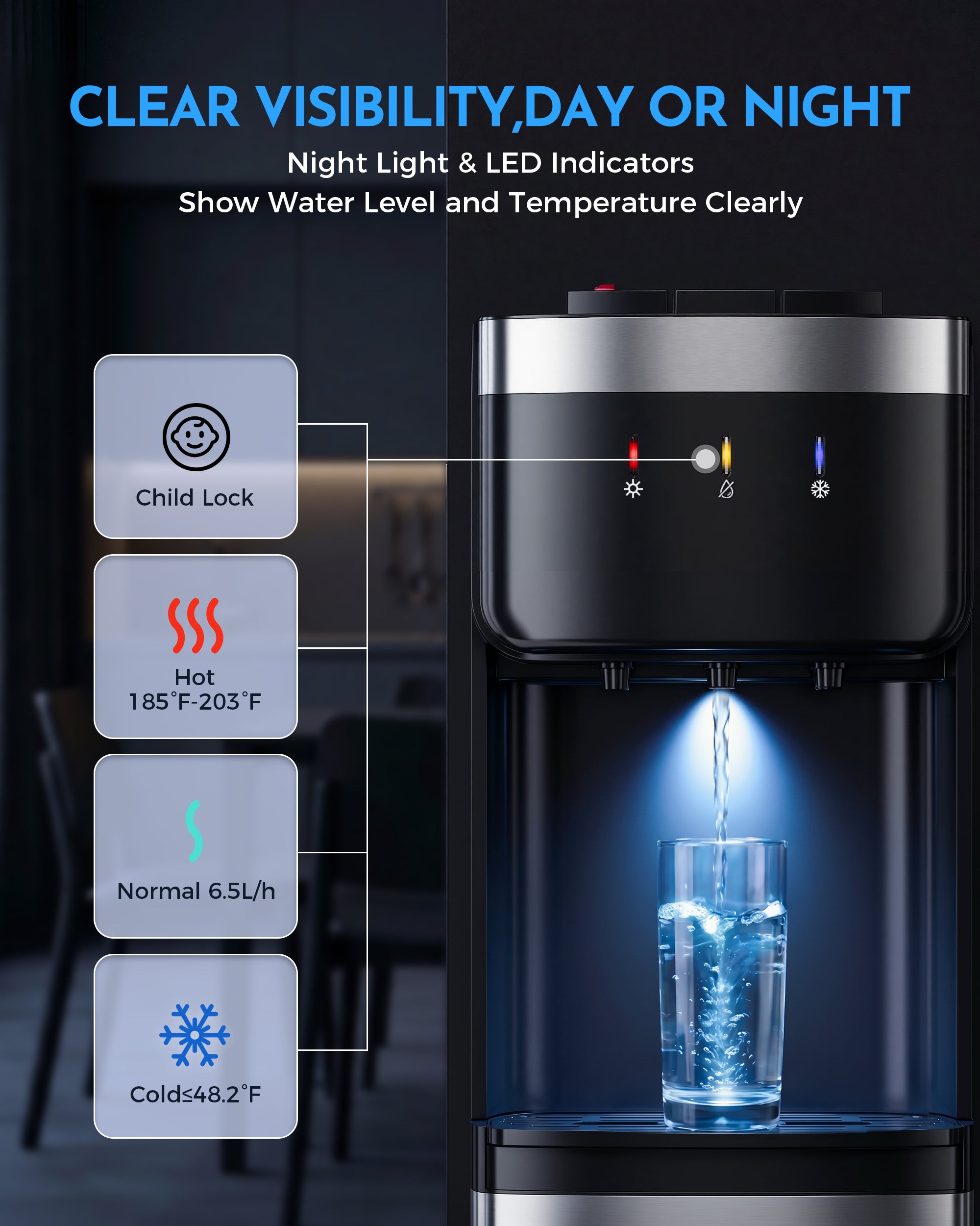 Patiosunny Bottom Loading Water Cooler - No Heavy Lifting, Fits 3-5 Gallon Bottles – Hot, Cold & Room Temperature Water Dispenser with Child Lock, for Home & Office, Black