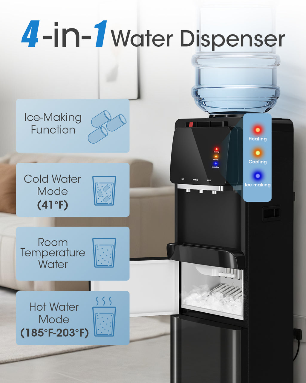 Patiosunny 4-in-1 Water Dispenser with Ice Maker, Hot/Cold/Room Temperature Top-Loading Dispenser, Compatible with 3–5 Gallon Water Bottles, Child Lock, Suitable for Home and Office, Black