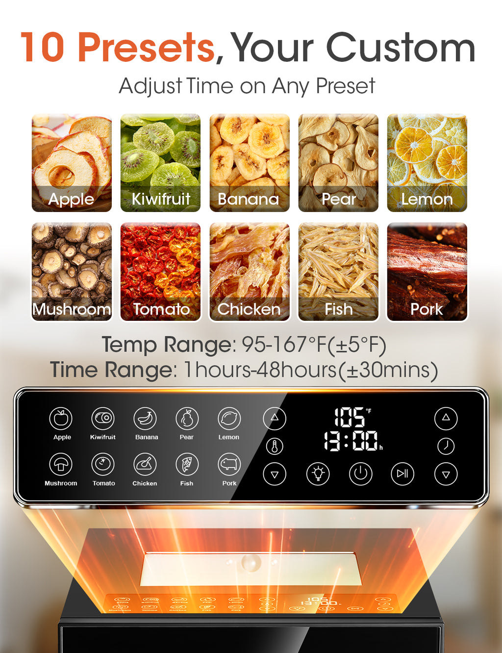 Patiosunny Food Dehydrator Machine, 10 Stainless Steel Trays, 850W Power, 95-167°F Temperature Control, LED Light, Ideal for Jerky, Herbs, Meat, Fruit, Vegetables, Black