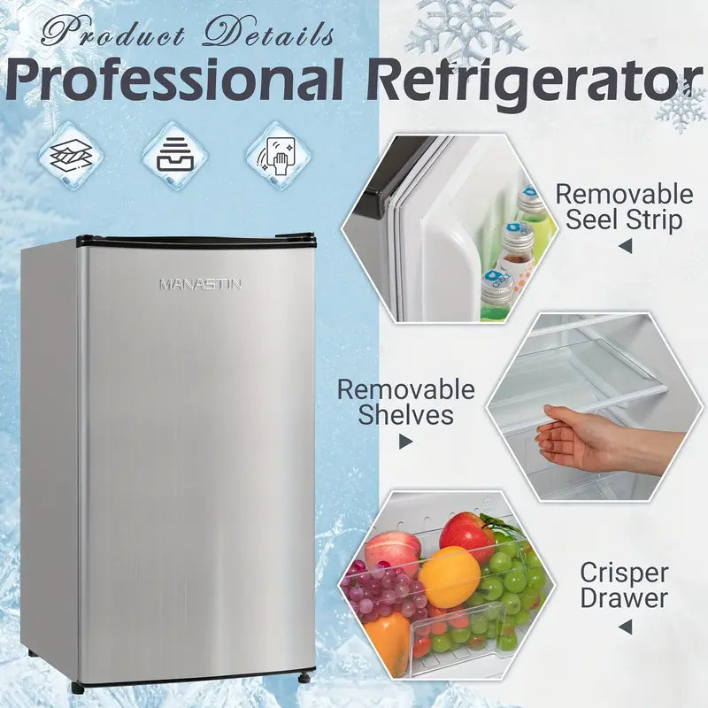 Patiosunny 3.2 Cu.ft Mini Fridge Energy Saving Compact Refrigerator with Reversible Door, Silver