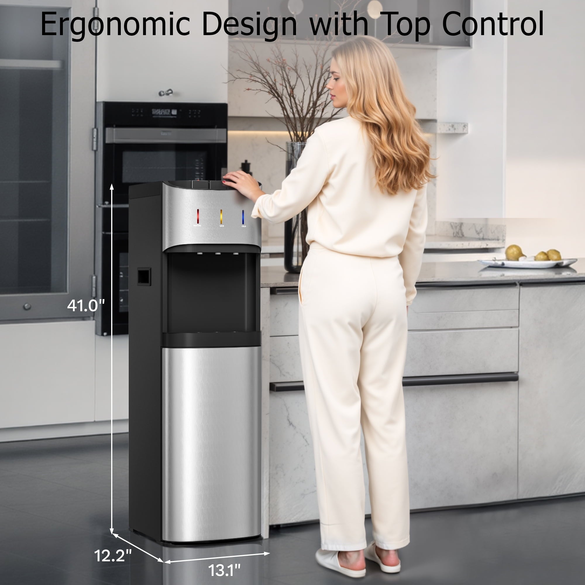 Patiosunny Bottom-Loading Water Dispenser, 3 Temperatures (Hot, Room and Cold), Child Safety Lock, LED Display with Empty Bottle Alert, Silver