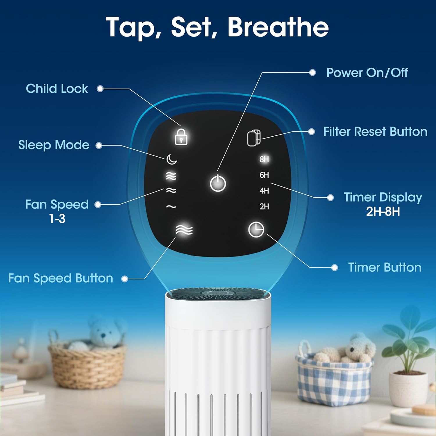 Patiosunny 3-in-1 HEPA Air Purifier - 99.97% Particle Removal, 3-Speed, 8H Timer for Home & Office