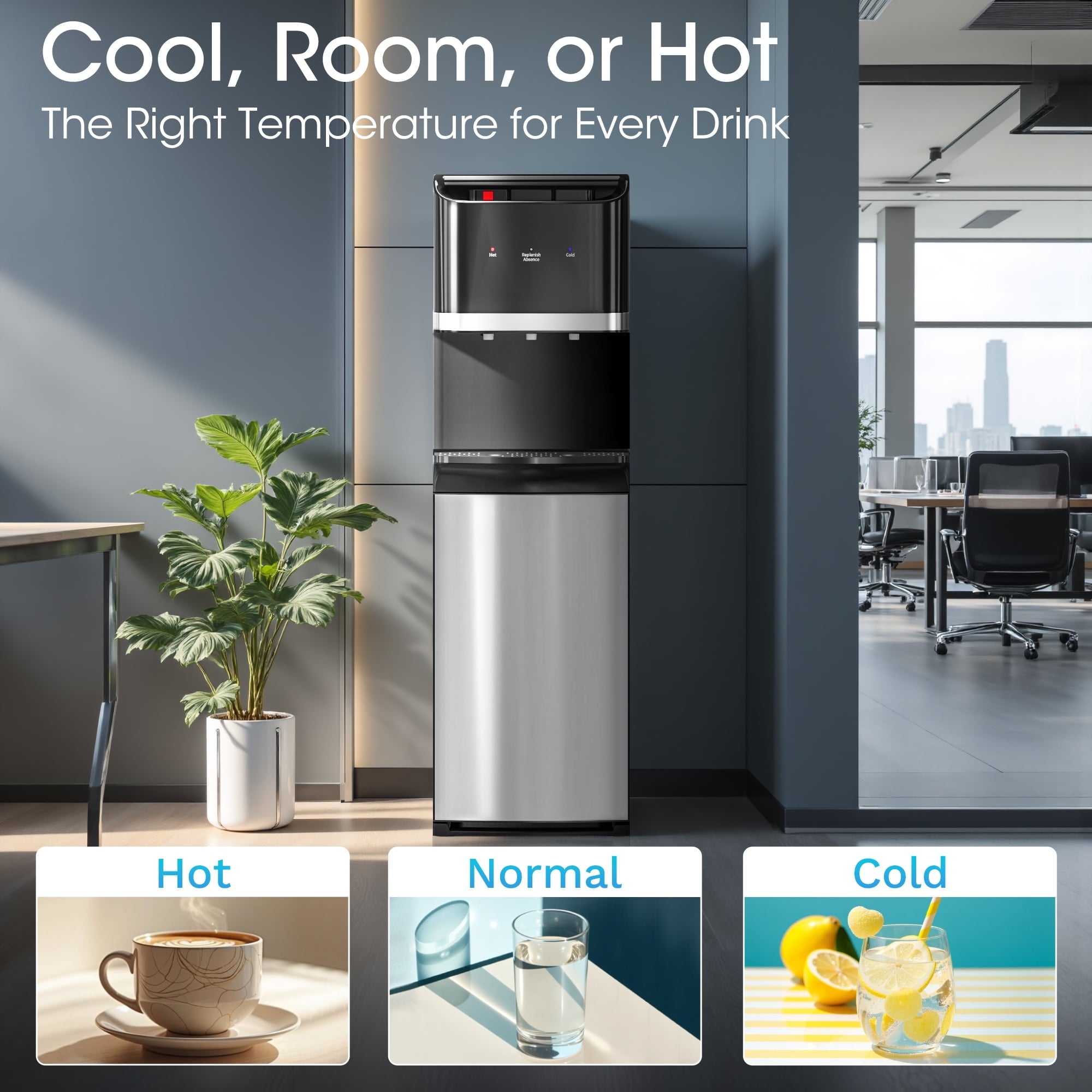 Patiosunny Bottom Loading 304 Stainless Steel Water Cooler Dispenser for 3-5 Gallon Bottles, Water Cooler with 3 Temperature Settings - Hot, Cold & Room Water, Ideal Design for Home & Office
