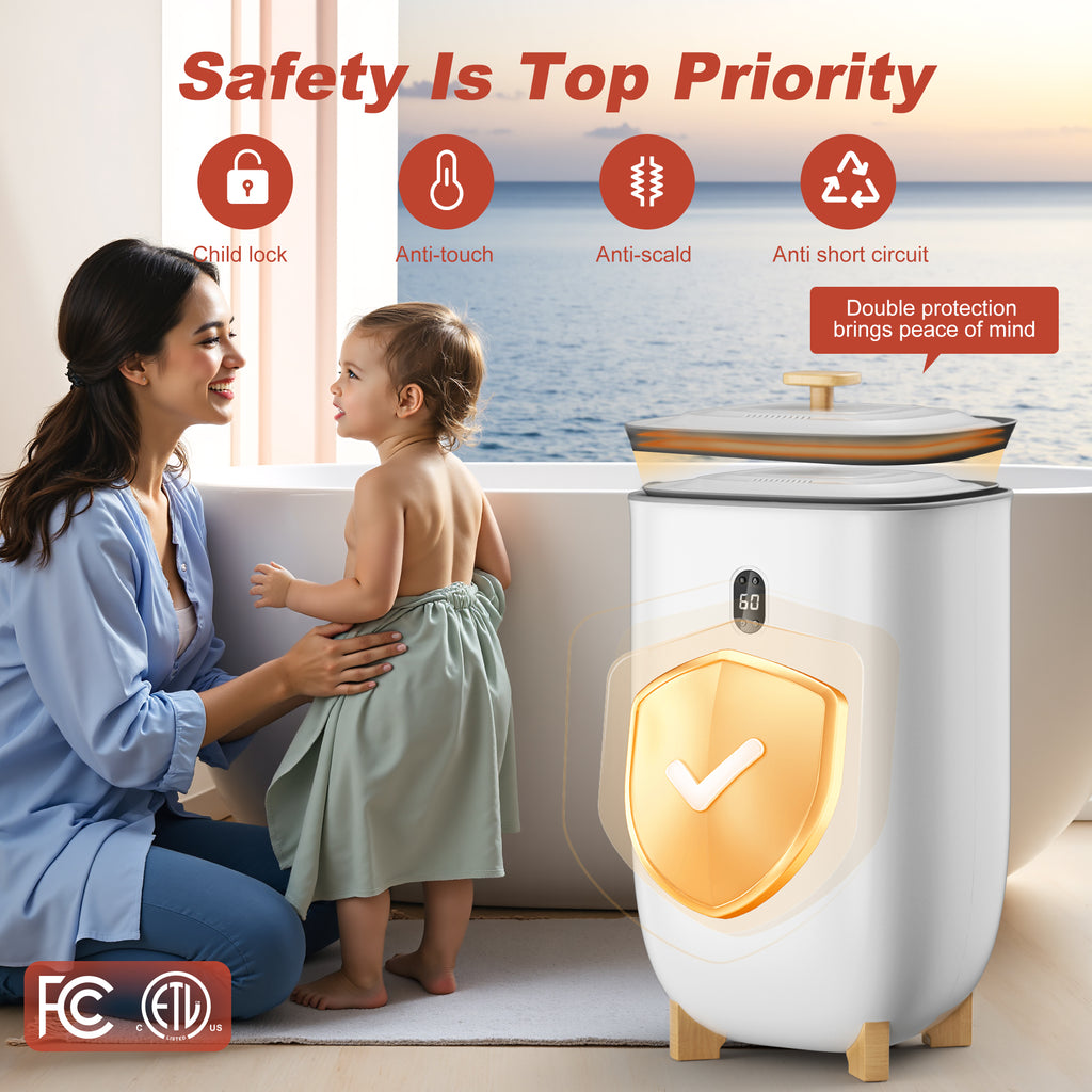 Patiosunny 35L Towel Warmer Bucket with Drying Modes, Heating Mode 20/30/60/90 Min, Customized Fragrance, LED Screen, Anti-scald Safety lock, White