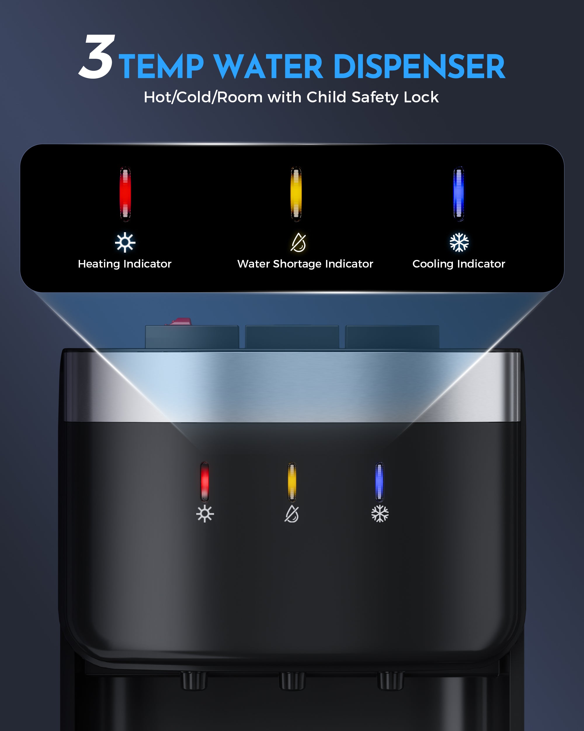 Patiosunny Bottom Loading Water Cooler - No Heavy Lifting, Fits 3-5 Gallon Bottles – Hot, Cold & Room Temperature Water Dispenser with Child Lock, for Home & Office, Black