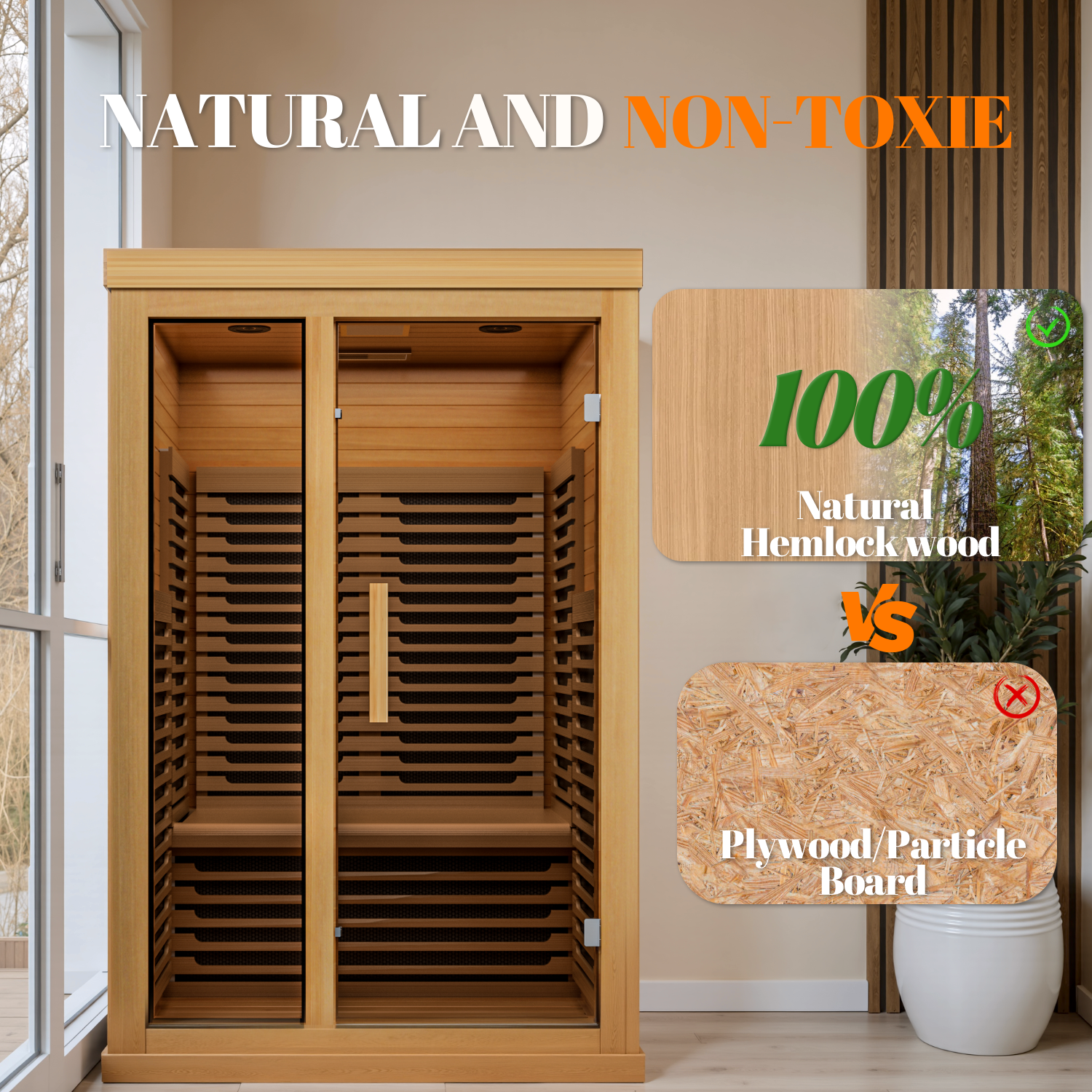 Patiosunny 2 Person Personal Sauna for Home Use, Full Spectrum Infrared Sauna, Low EMF, Dual Tempered Glass & Bluetooth Speakers - Indoor Sauna 2000W (Wood Tone)