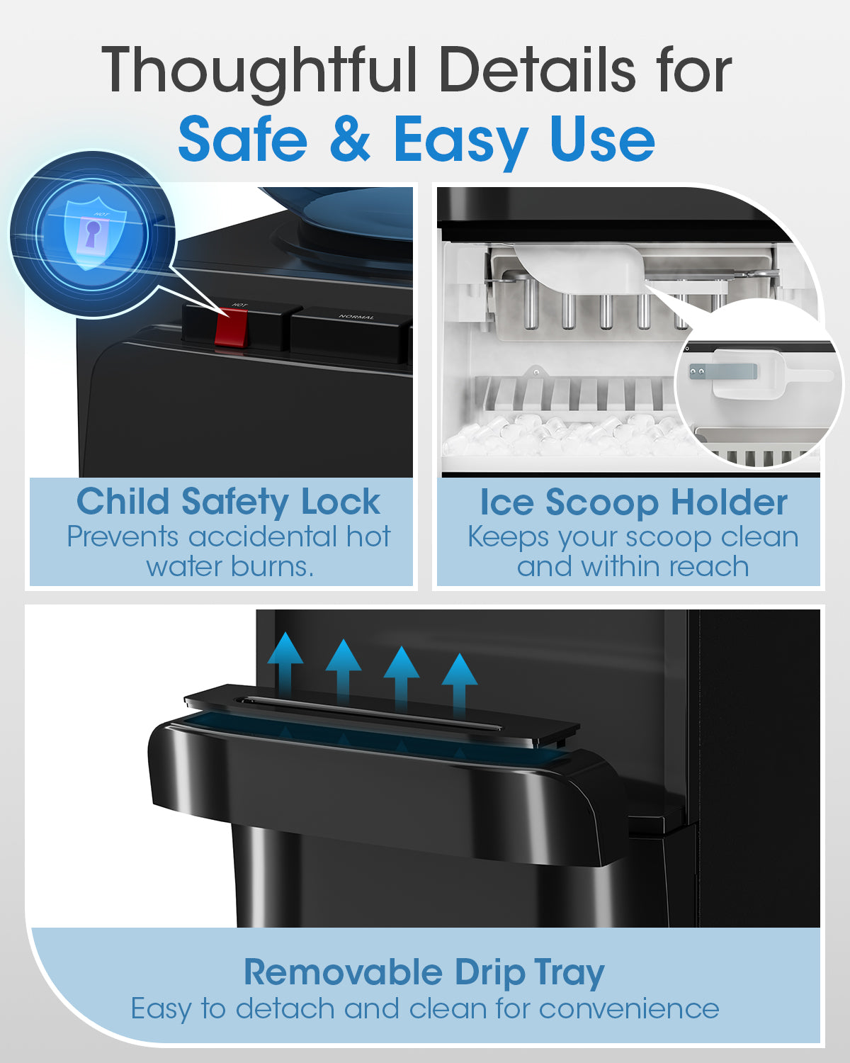 Patiosunny 4-in-1 Water Dispenser with Ice Maker, Hot/Cold/Room Temperature Top-Loading Dispenser, Compatible with 3–5 Gallon Water Bottles, Child Lock, Suitable for Home and Office, Black