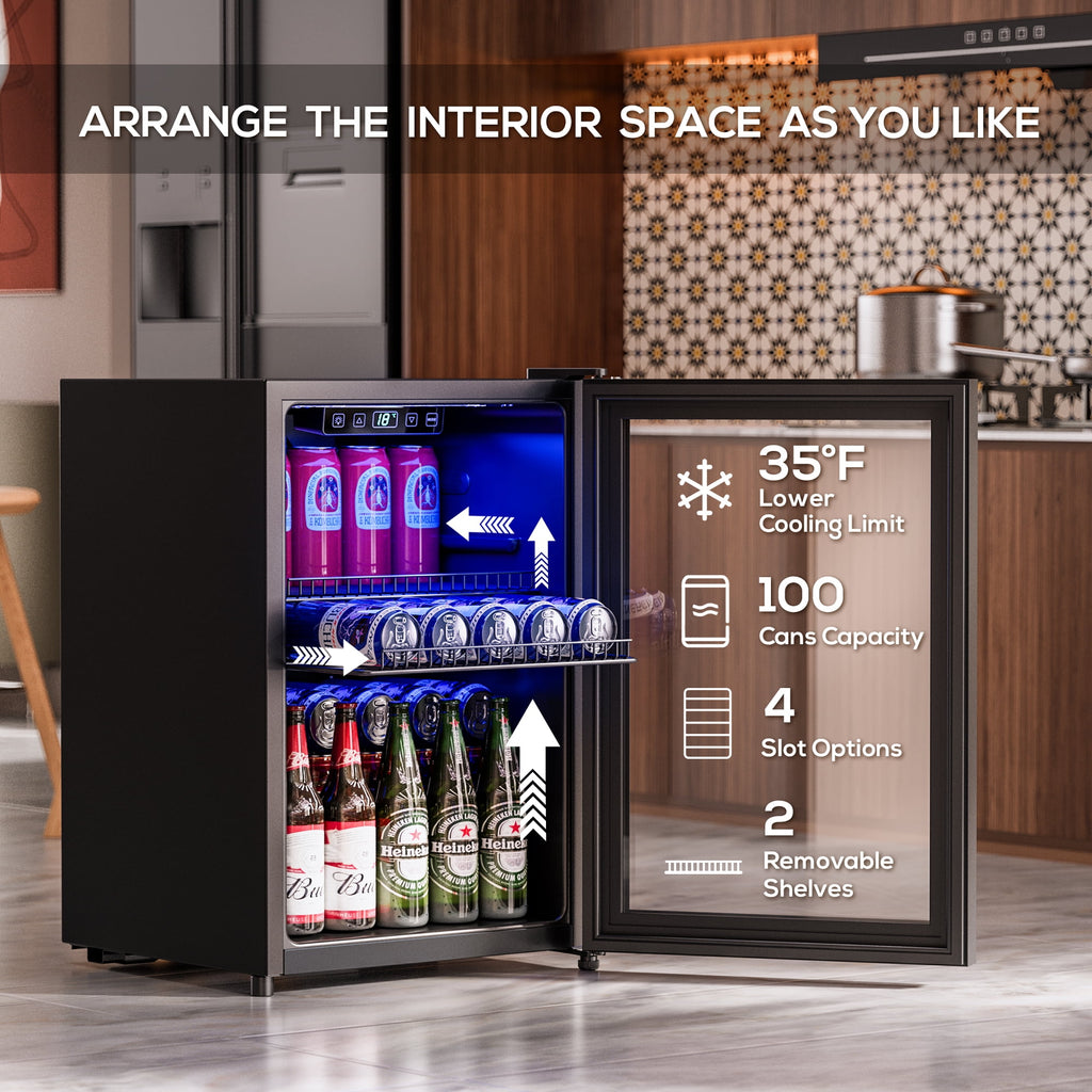 Patiosunny 100 Can Beverage Refrigerator Cooler 2.47 Cu.ft Mini Fridge with Glass Door & Adjustable Shelves, Perfect for Home, Office or Bar