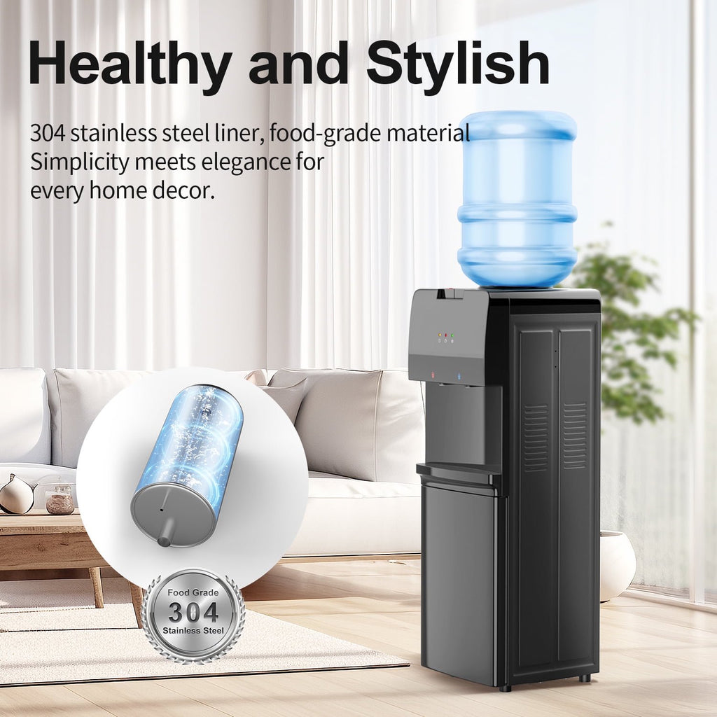Patiosunny Fashion Black Top Loading Water Dispenser, Child Lock and Detachable Water Tray, Cold & Hot Water at any time, for Kitchen/Living Room/Gym/Basement